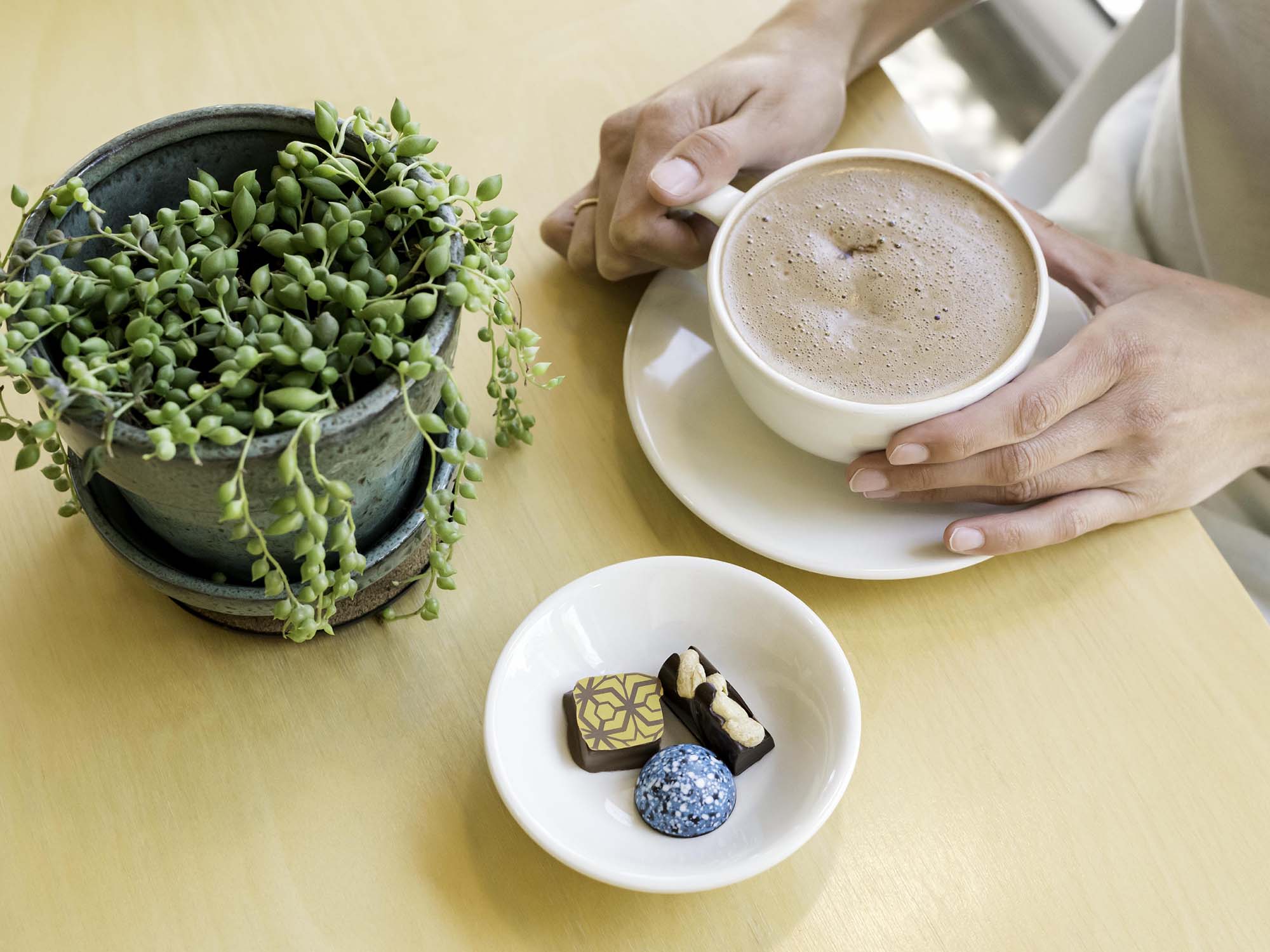 Person enjoying a specialty coffee with three handmade truffles in the cafe at Rousseau Chocolatier in southend Halifax Nova Scotia