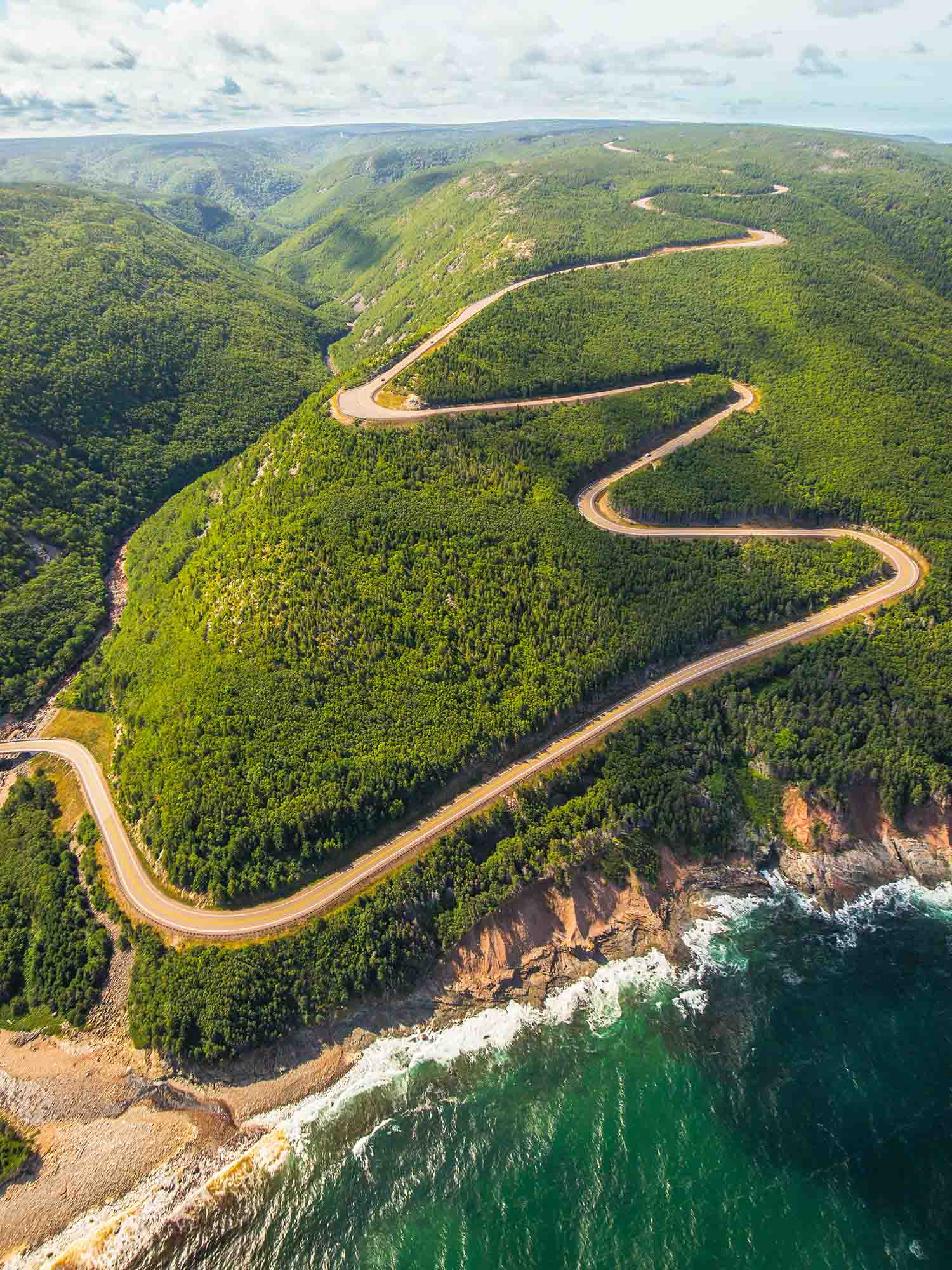 View of the Cabot Trail on the side of Cape Smokey Mountain near Ingonish in the Cape Breton Highlands in Nova Scotia