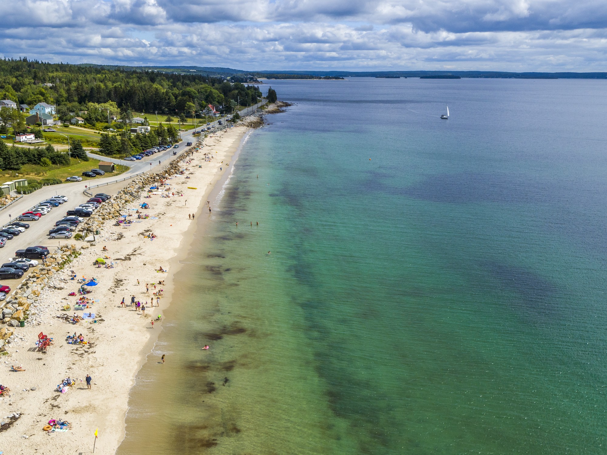 Aerial view of white sand Queensland Beach in Nova Scotia