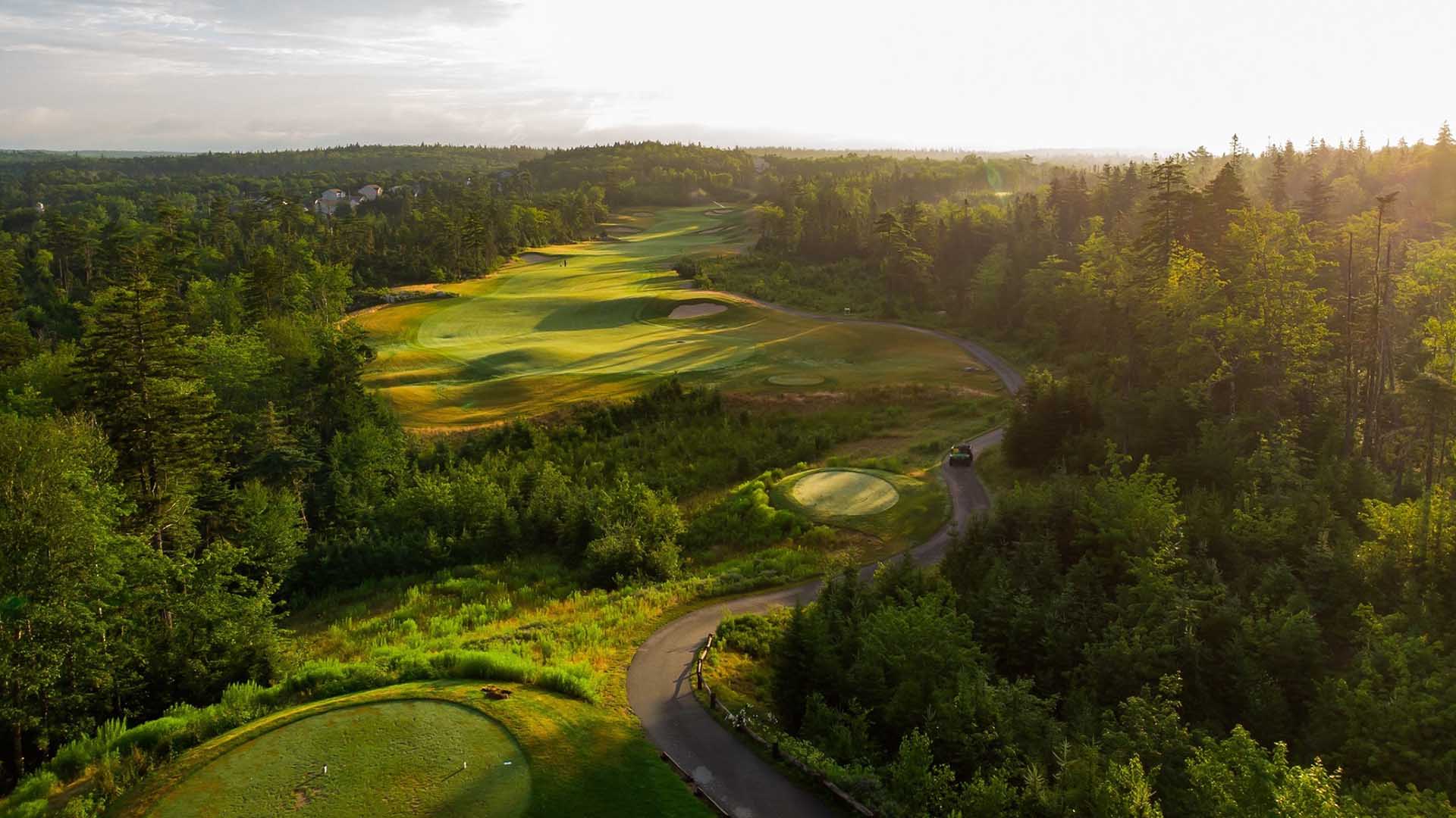 The Links at Brunello view from a drone in the early morning sunlight near Halifax Nova Scotia