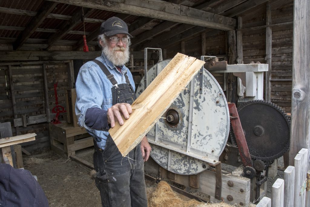 A man holds up a piece of wood showing the growth lines at the Nova Scotia Forest Festival at Memory Lane in Nova Scotia