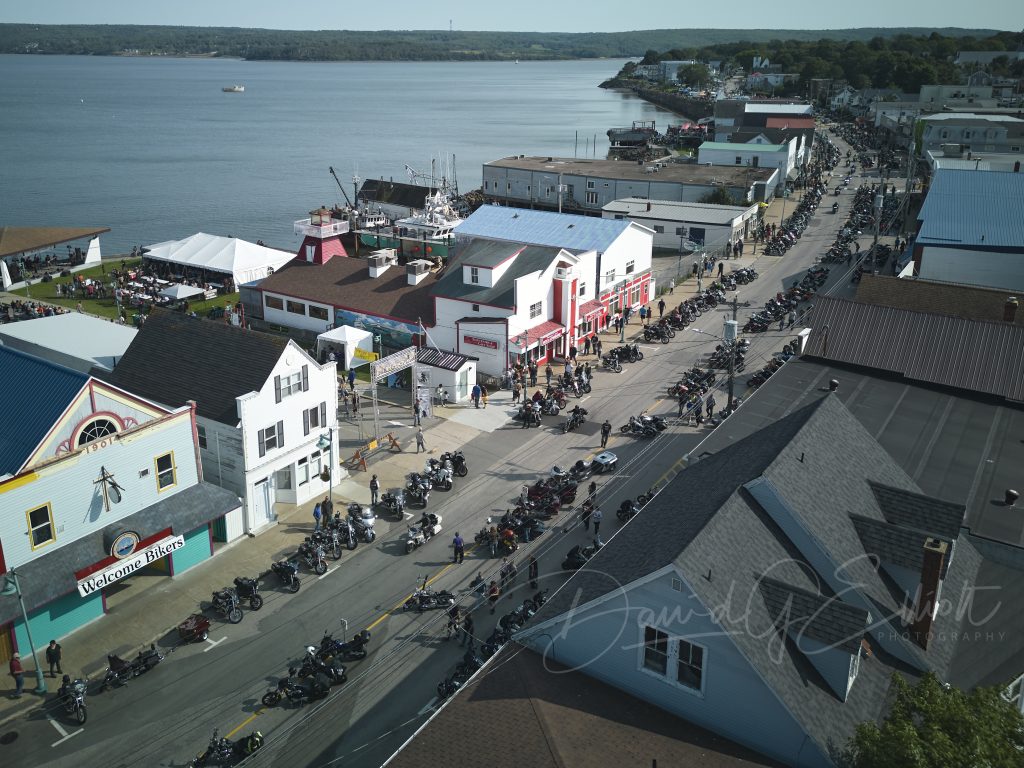 An aerial view of the packed road in Digby as part of the Wharf Rat Rally in Digby, Nova Scotia