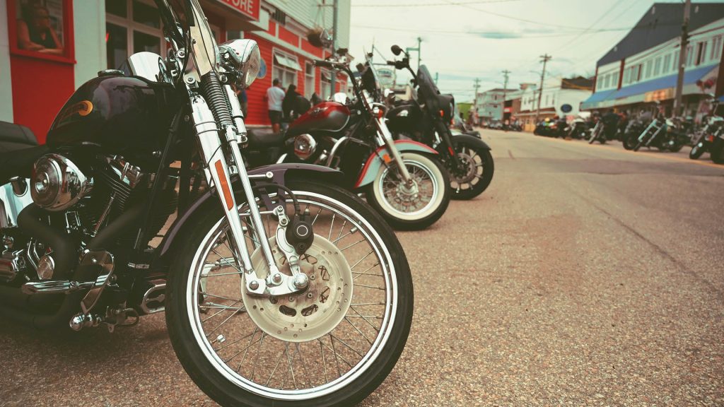 A close up view of some of the bikes at the Wharf Rat Rally in Digby, Nova Scotia