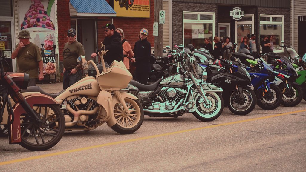 Bikes line the road as part of the Wharf Rat Rally in Digby, Nova Scotia