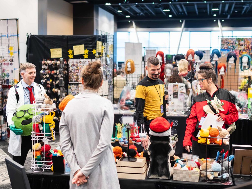 Vendors and convention attendees in the marketplace during Hal-Con in Halifax, Nova Scotia