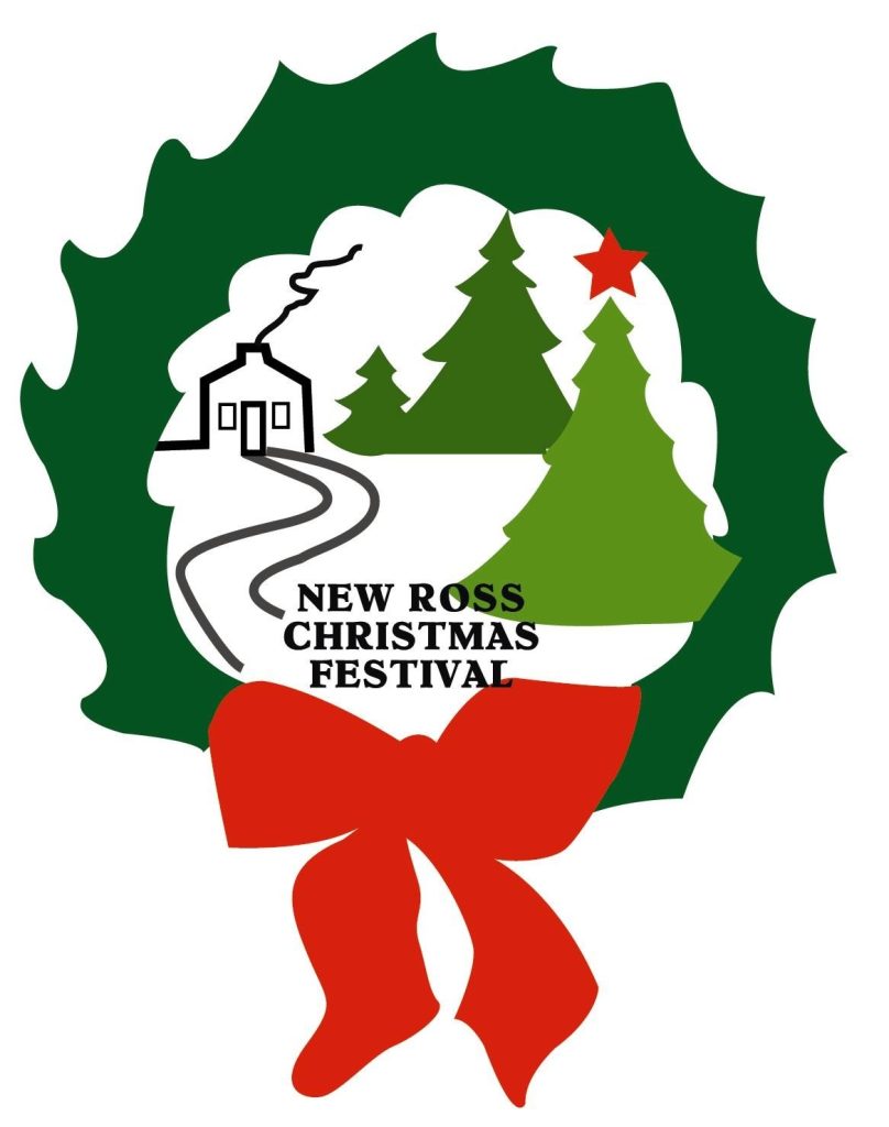 An illustration of a wreath with trees and a building in the centre.