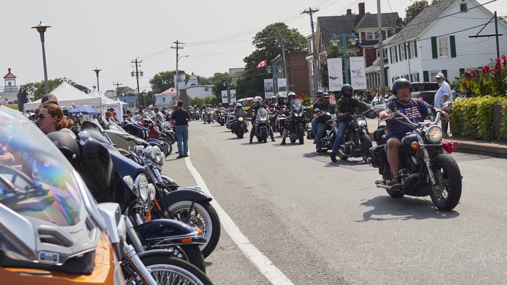 Bikes line the street at the Wharf Rat Rally in Digby, Nova Scotia