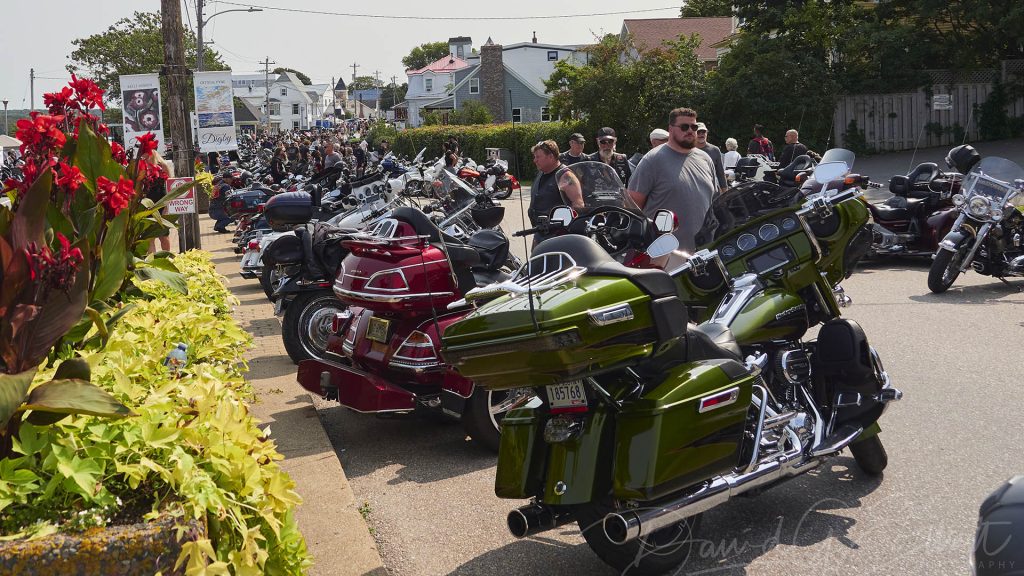 A line up of bikes fill the street as part of the Wharf Rat Rally in Digby, Nova Scotia