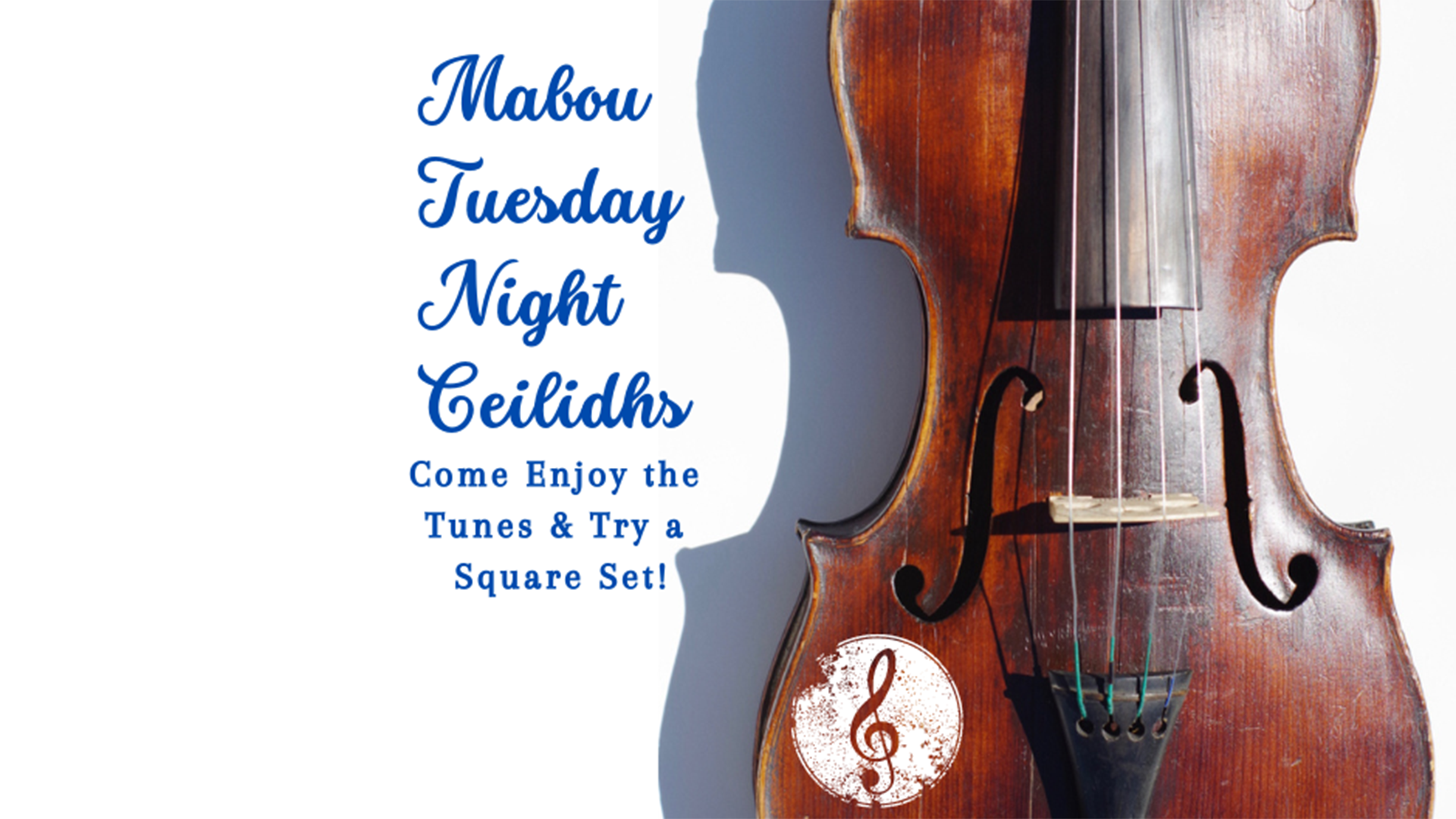 A fiddle on a poster promoting the Mabou Tuesday Night Ceilidh