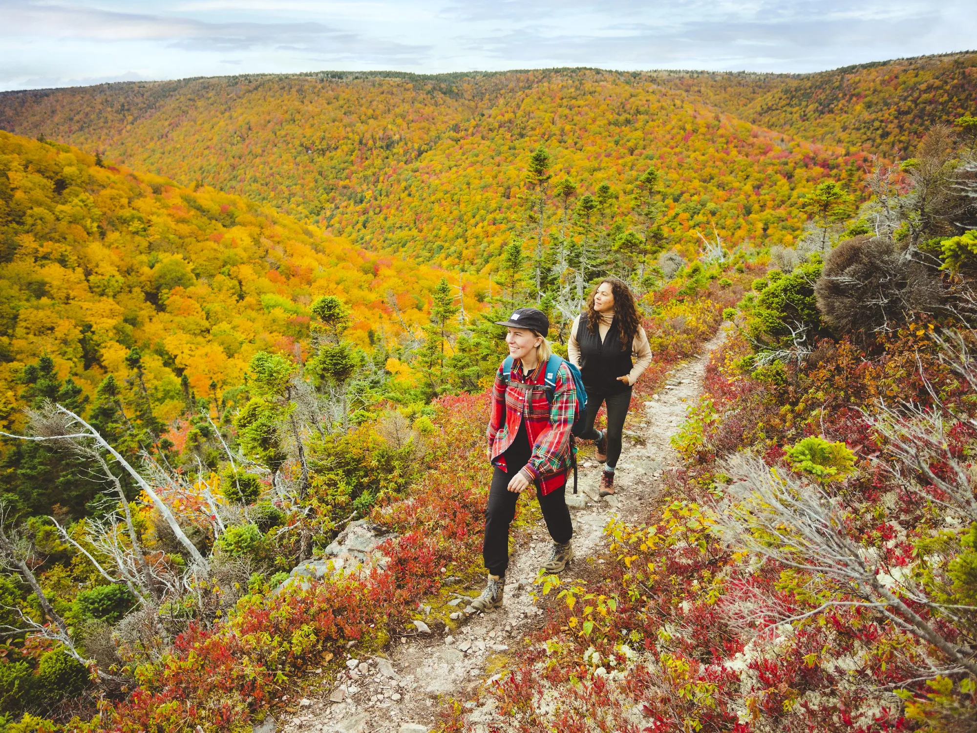 Two women hiking in the Cape Breton Highlands National Park, surrounded by autumn leaves.