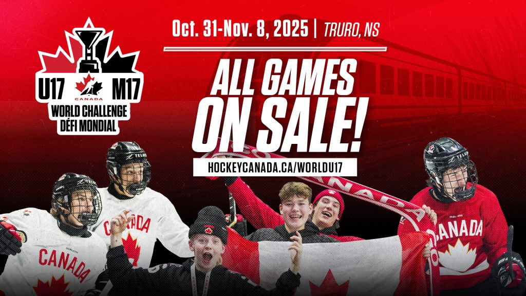 A promotional poster for the 2025 World Under-17 Hockey Challenge taking place in Truro, Nova Scotia