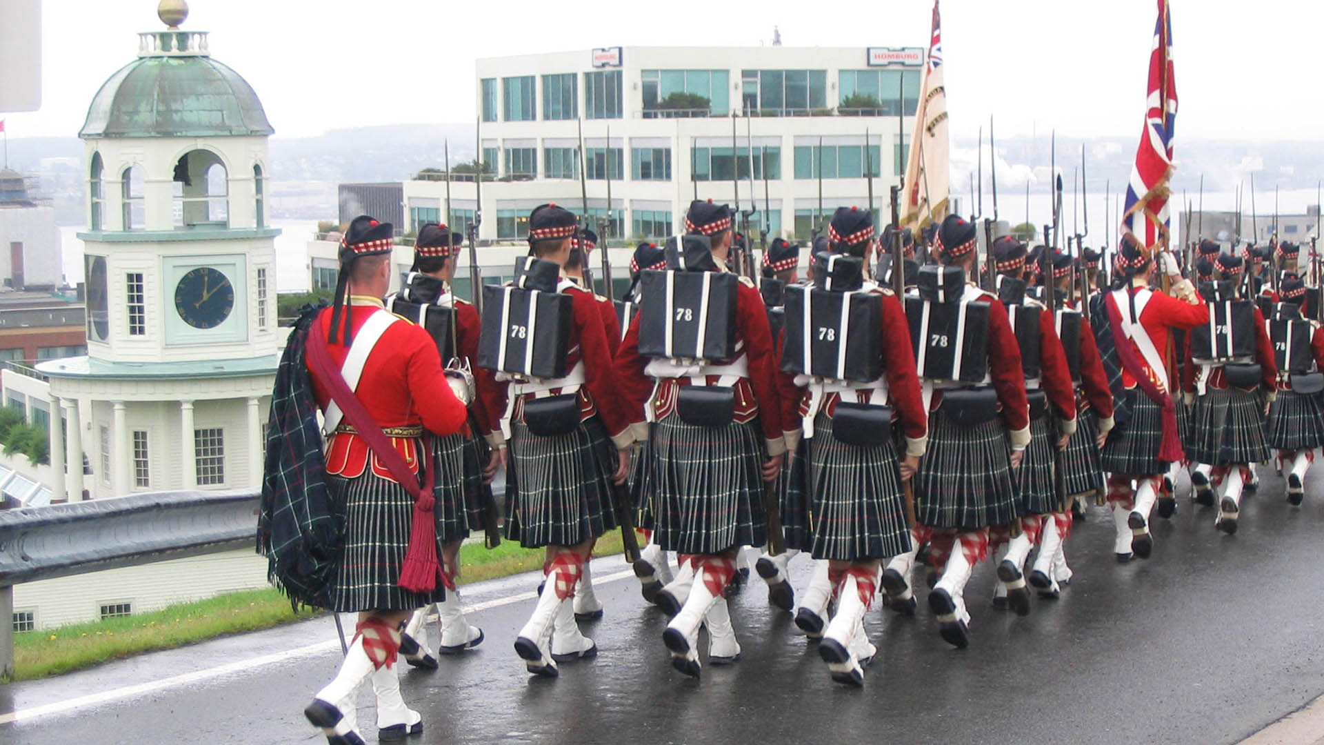 108-55-2-2007-0056.JPG 78th Highlanders leaving Citadel, walking past Town Clock, Freedom of the City Parade in Halifax Nova Scotia