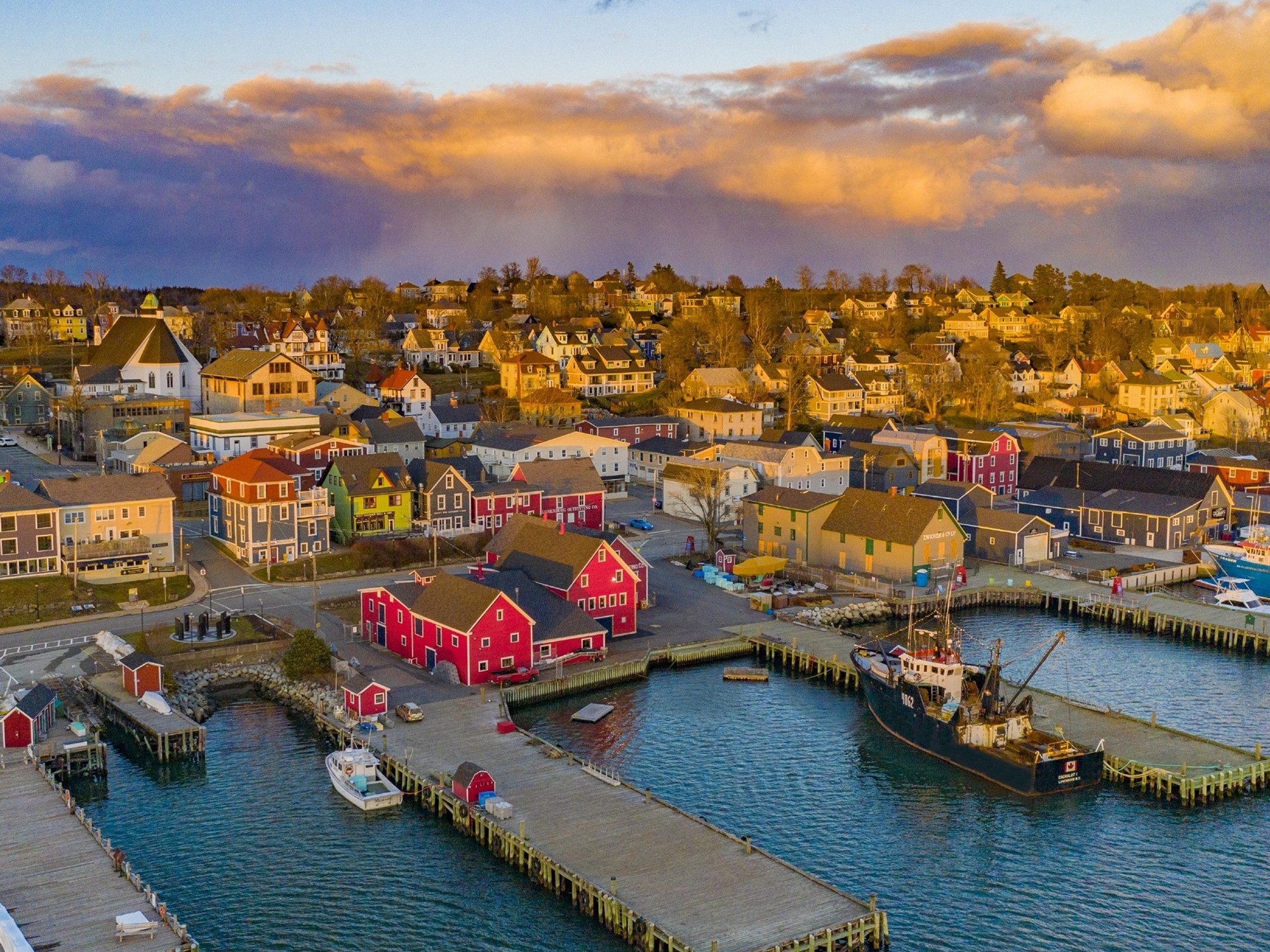 An aerial view of the colourful seaside town of Lunenburg, Nova Scotia on a late fall day.