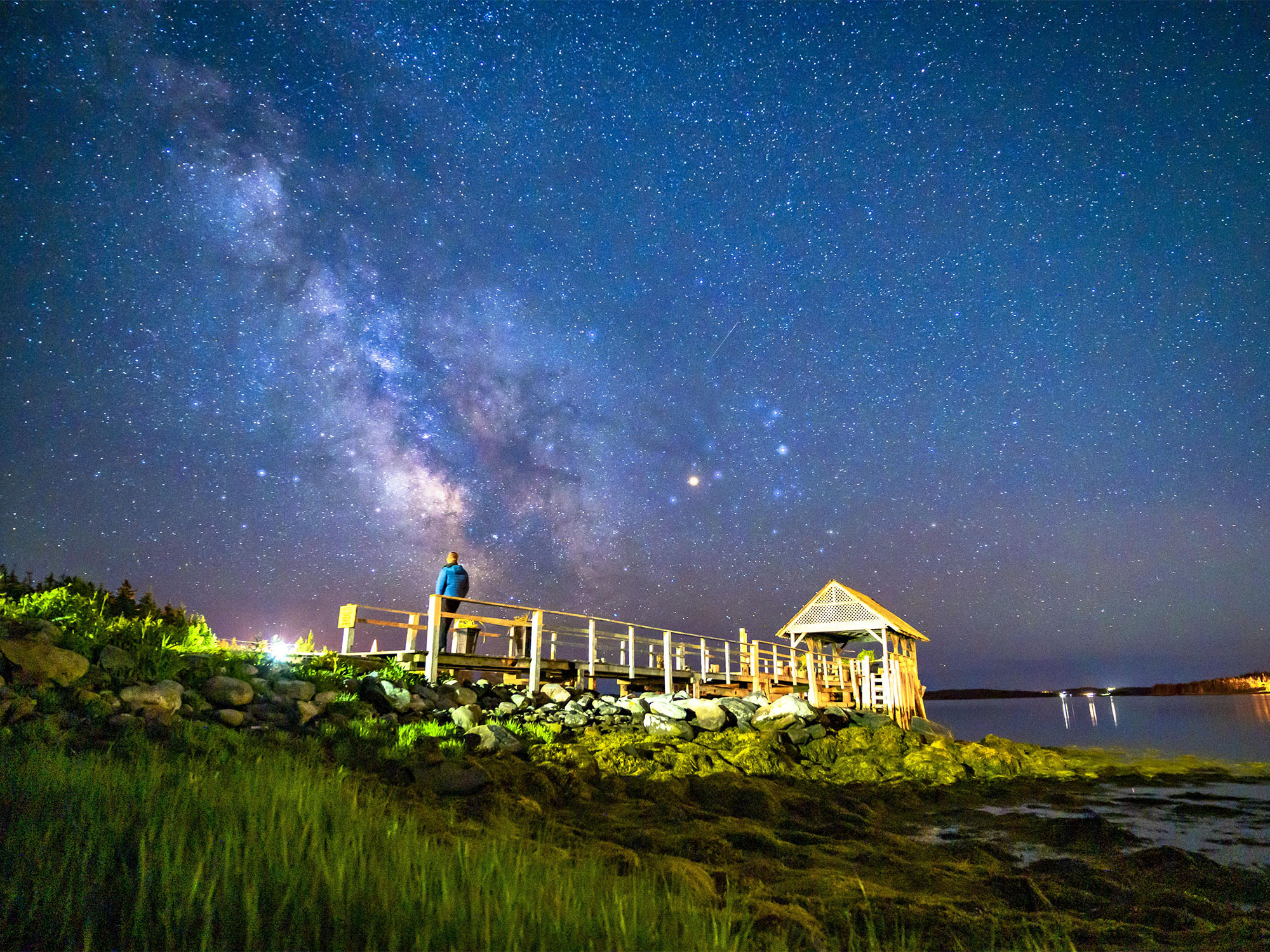 An individual stands on a wooden dock looking up at a starry sky at The Marmalade Motel