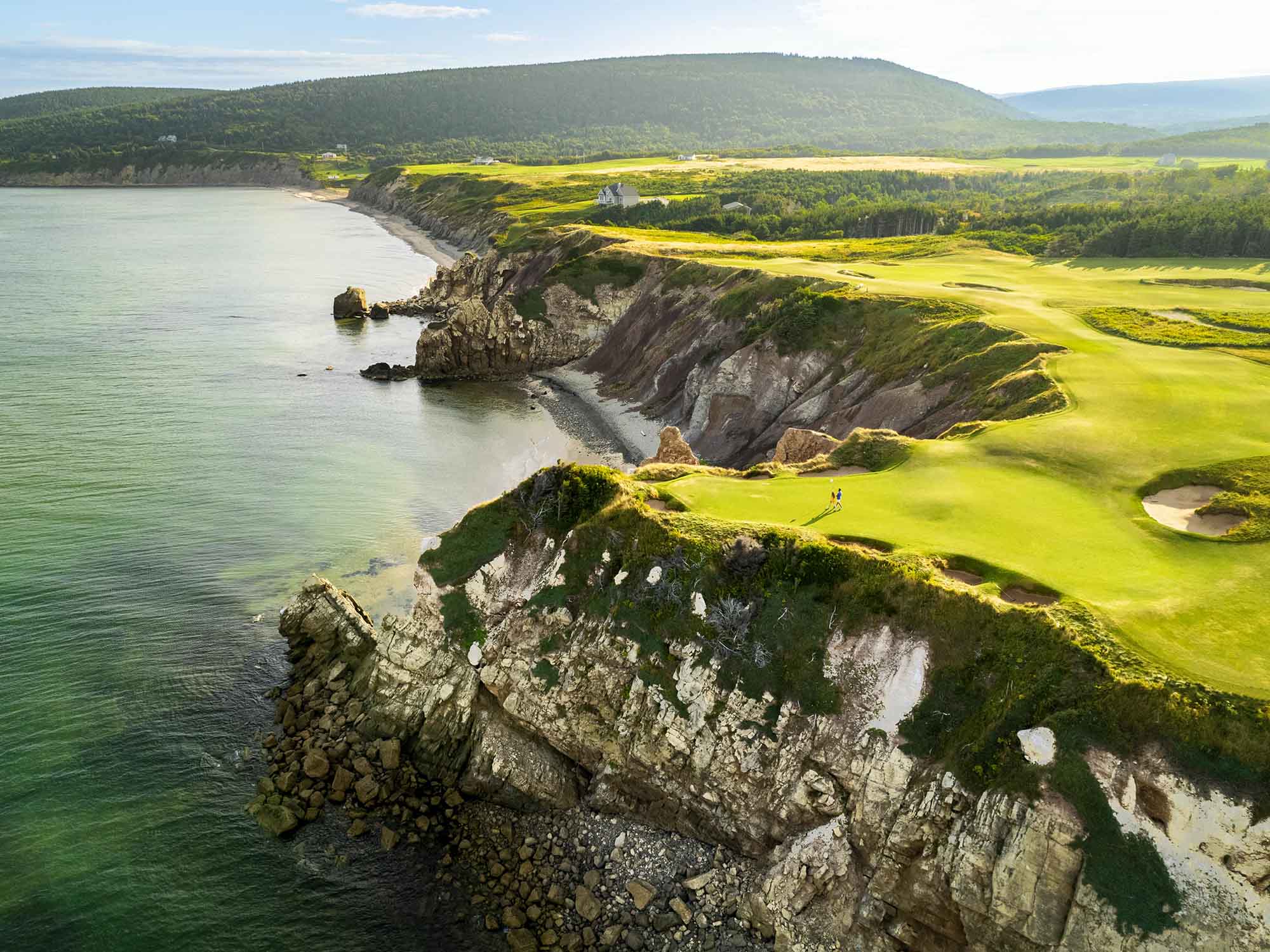 Drone view over the 16th hole at Cabot Cape Breton's Cabot Cliffs golf course in Inverness on Cape Breton Island in Nova Scotia.