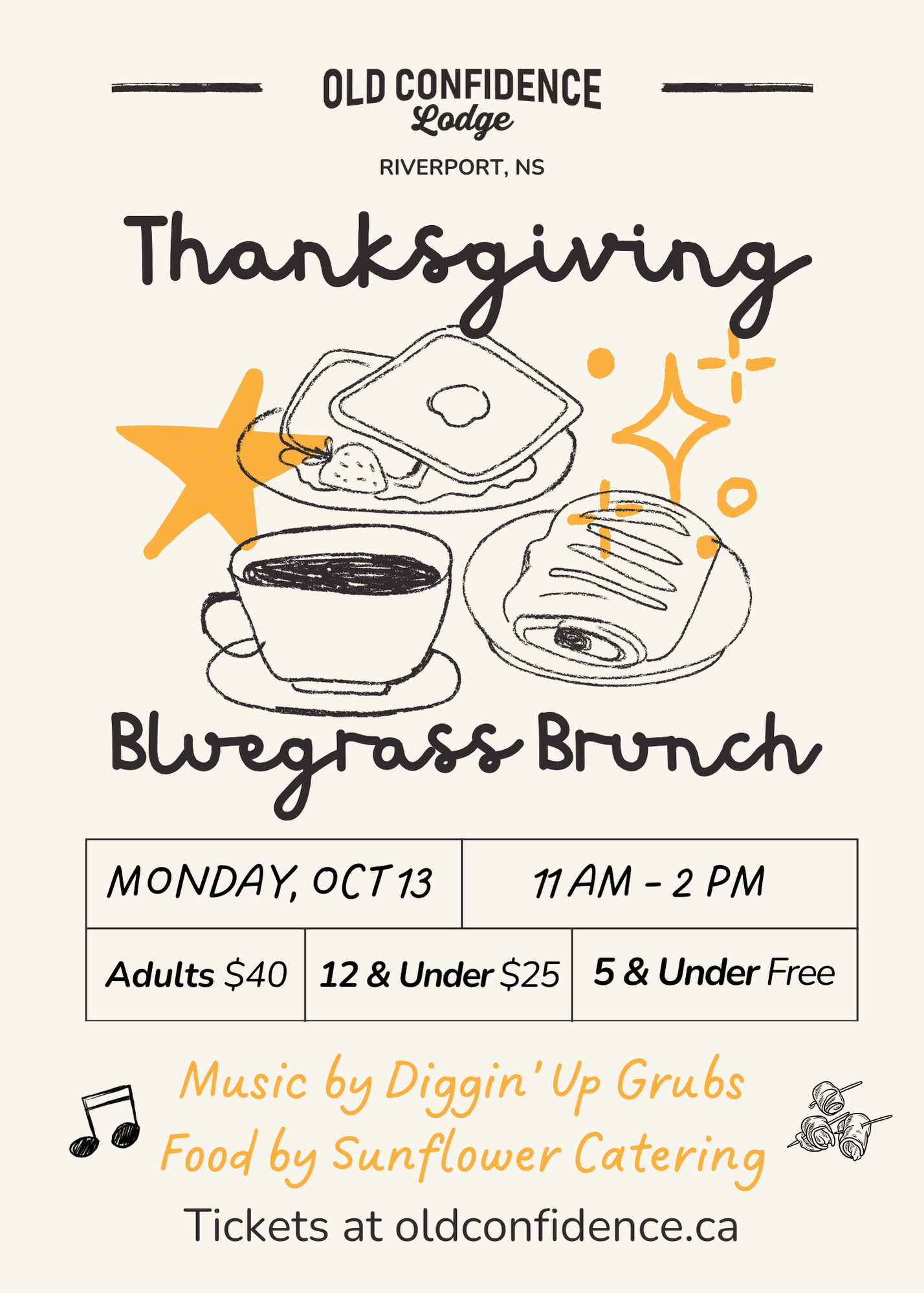 A promotional poster for the Thanksgiving Bluegrass Brunch happening at Old Confidence Lodge in Riverport Nova Scotia