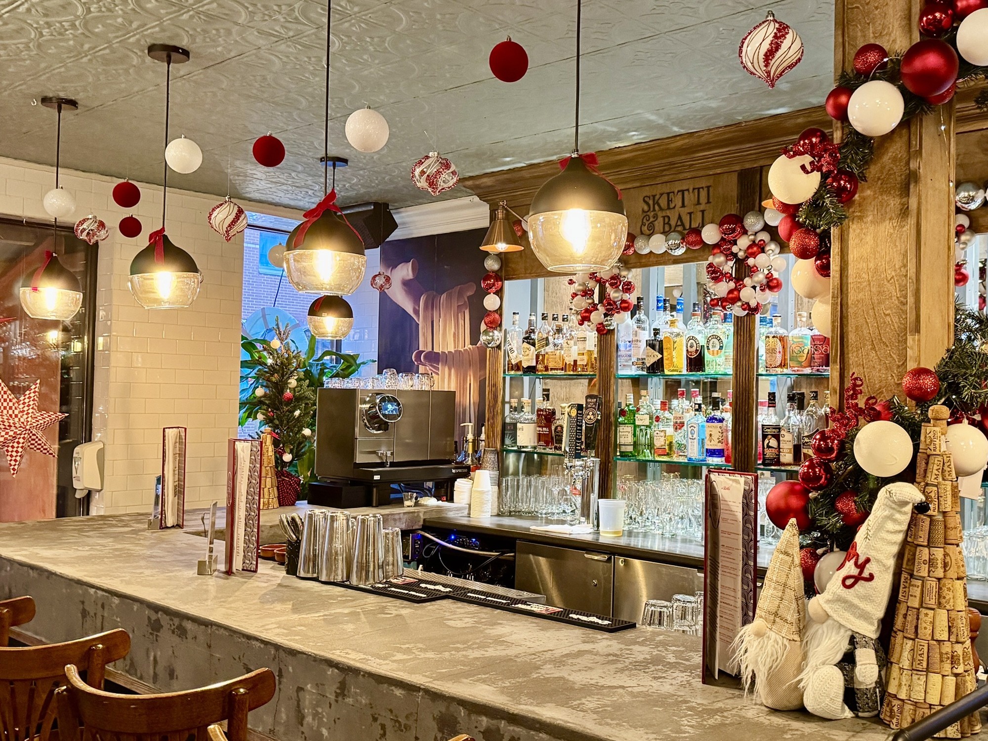 Holiday decor at Sketti and Ball in Halifax, Nova Scotia