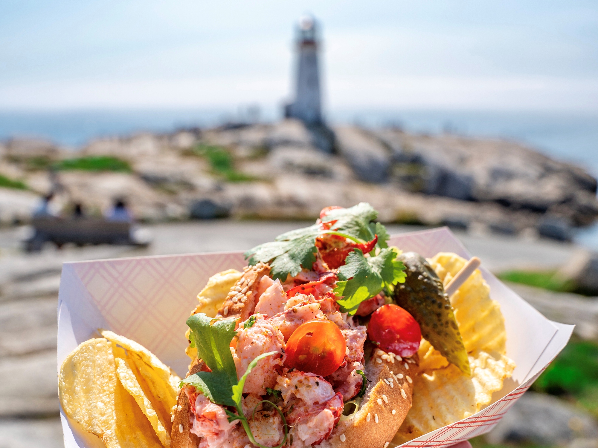 Lobster roll in front of Peggy's Cove lighthouse