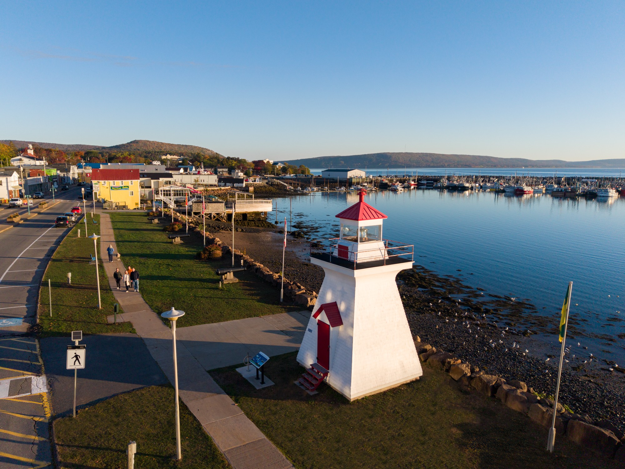An aerial view of a lighthouse along the Digby Waterfront in Nova Scotia