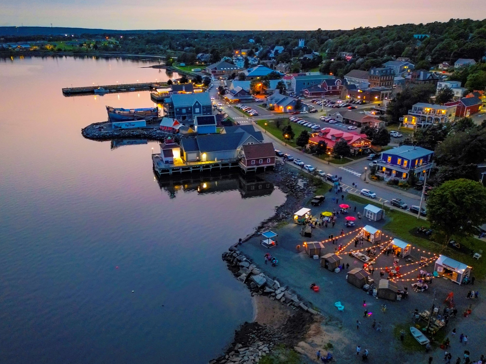 Aerial view of the Pictou, Nova Scotia Waterfront at dusk.