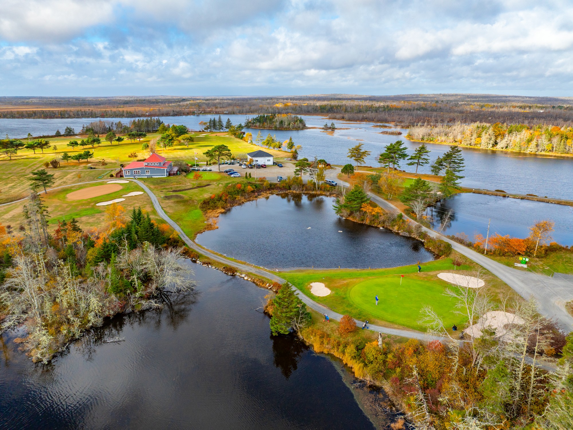 Aerial view of River Hills Golf & Country Club near Shelburne, Nova Scotia during autumn.