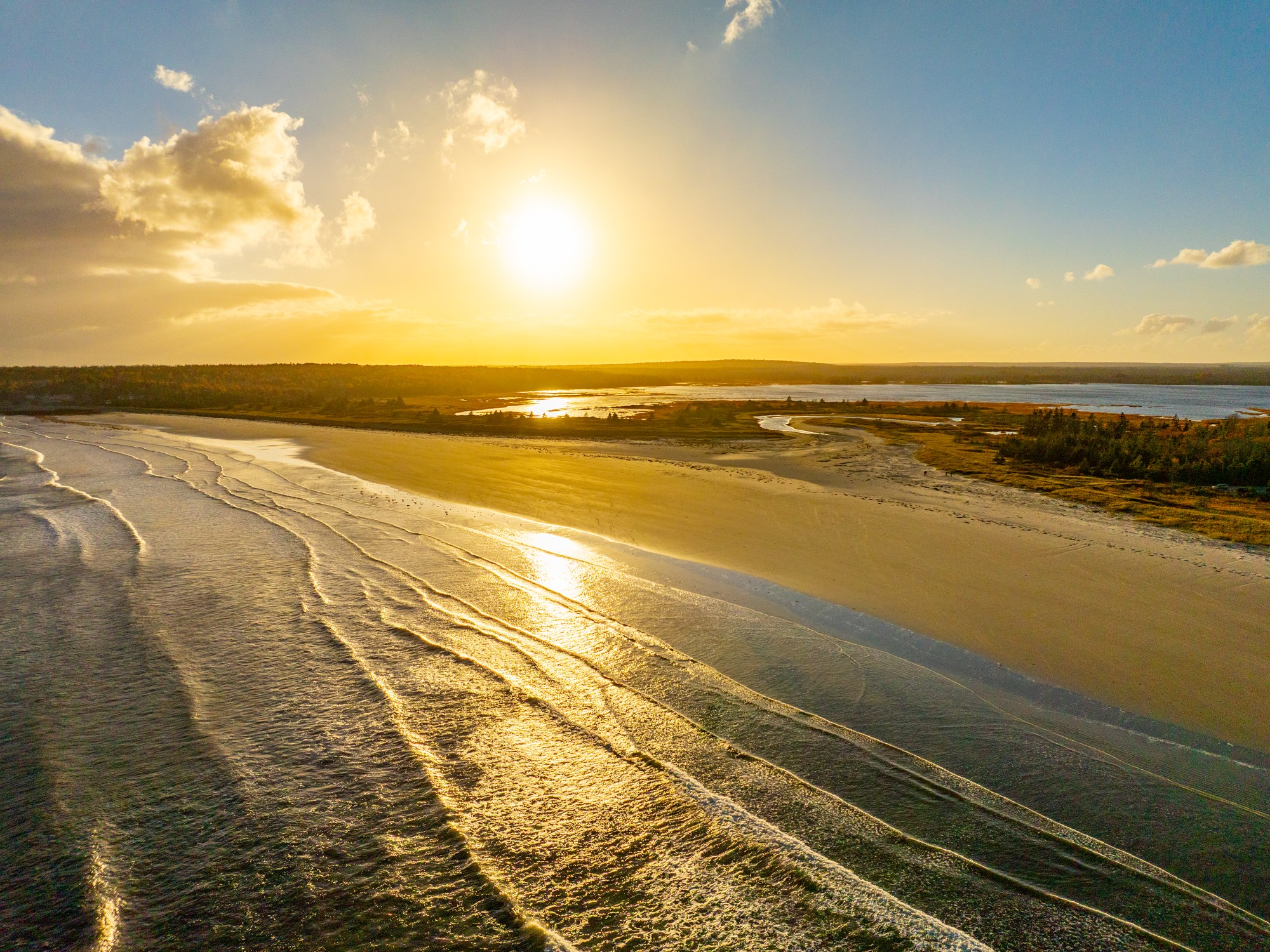 Aerial view of Roseway Beach during sunset near Shelburne, Nova Scotia