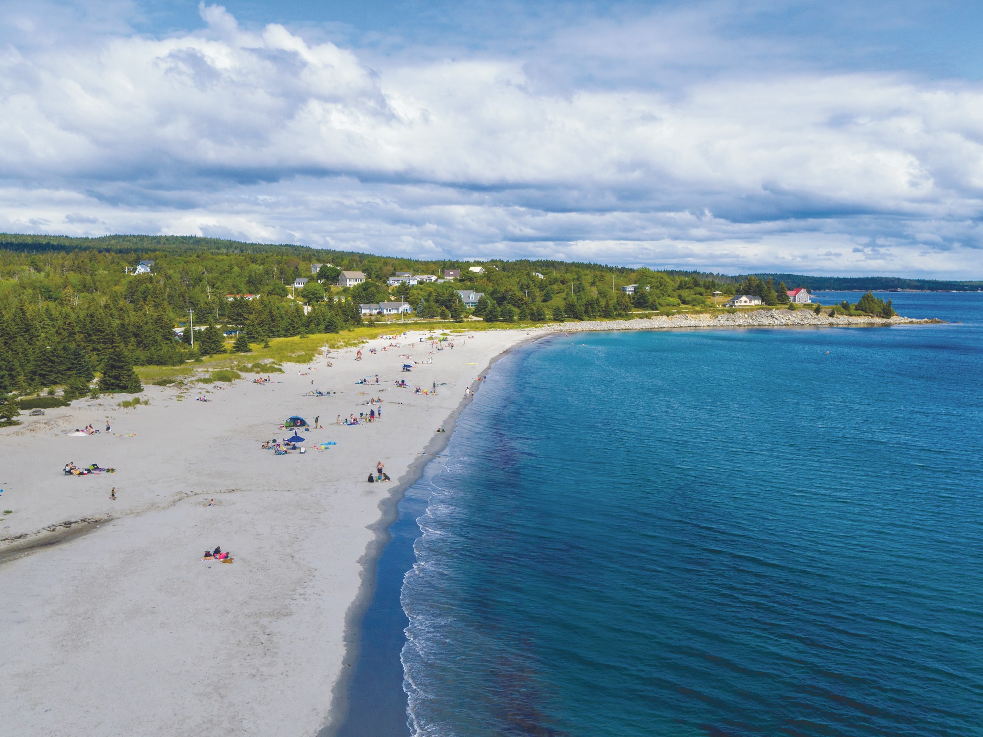 Aerial view of white sand Bayswater Beach in Nova Scotia