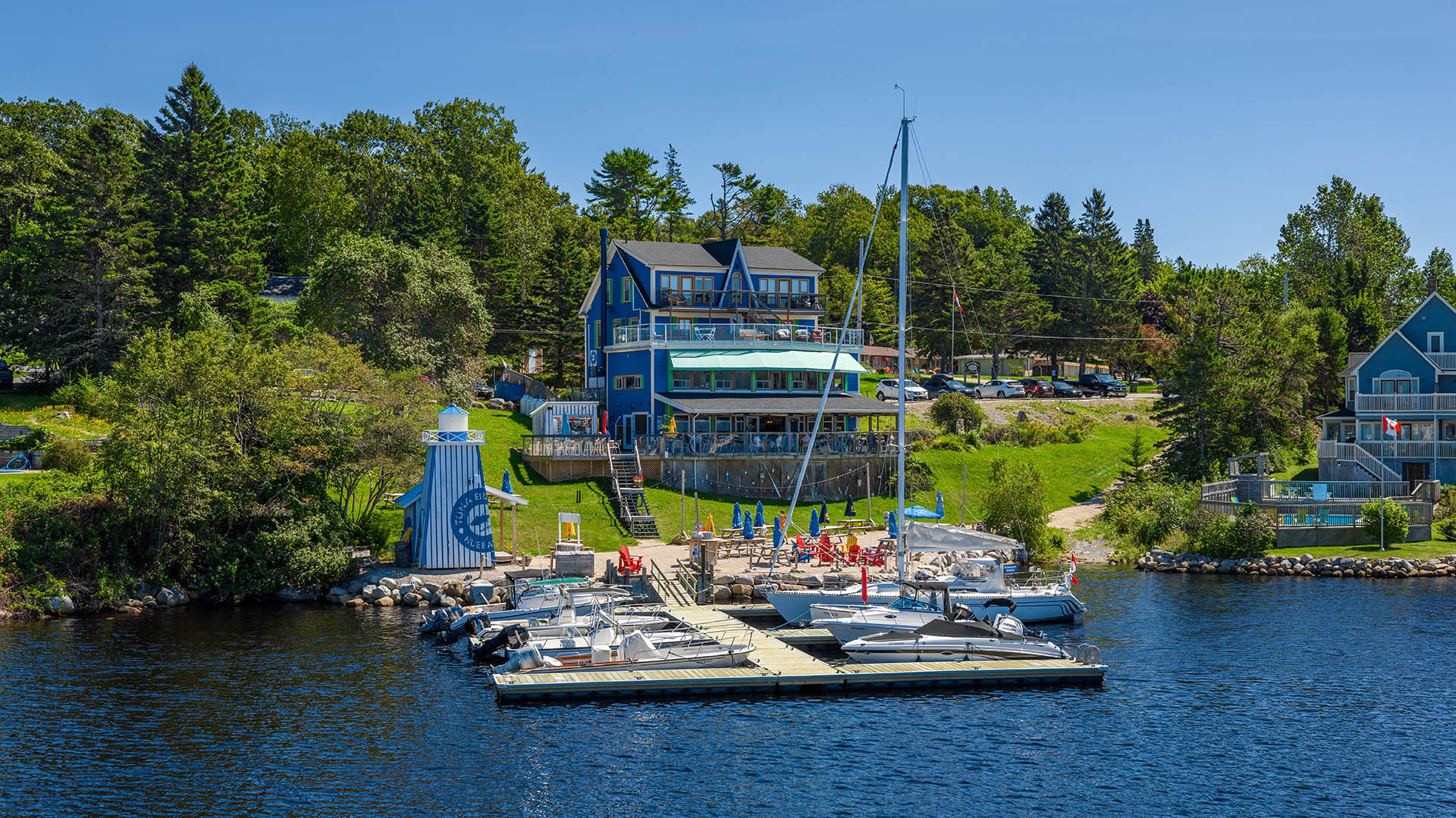 View of The Tuna Blue Inn Restaurant and Marina in Hubbards, Nova Scotia