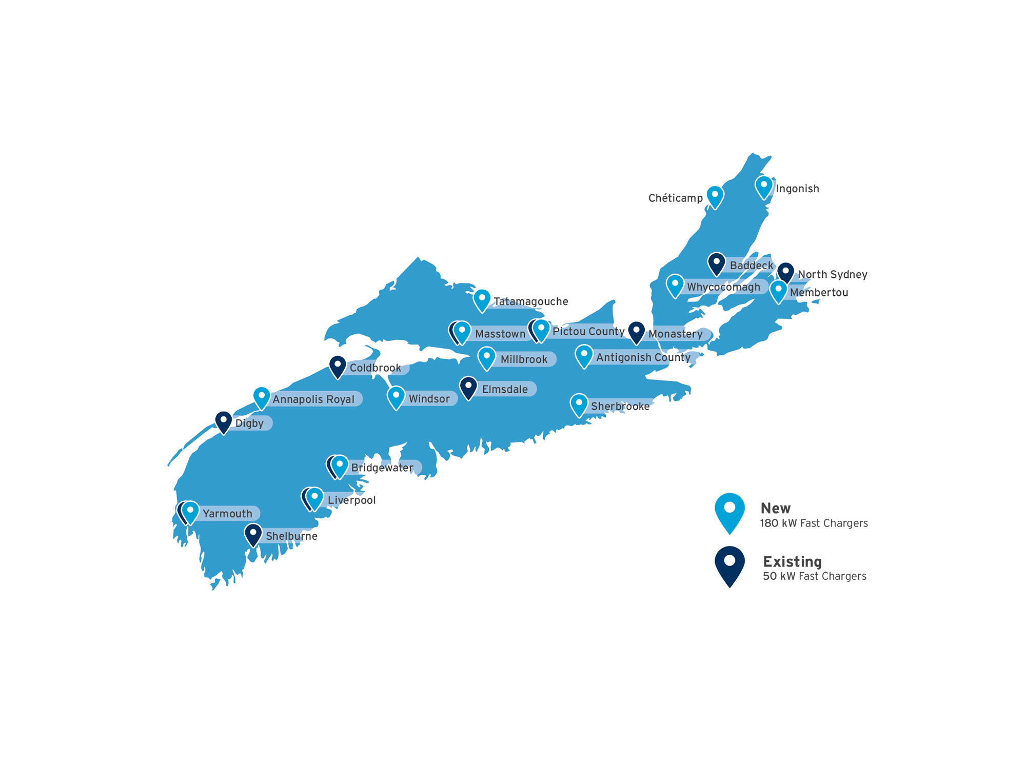 Updated EV Charger location map from Nova Scotia Power showing all current and upcoming electric vehicle charge stations across Nova Scotia as of February 2026..