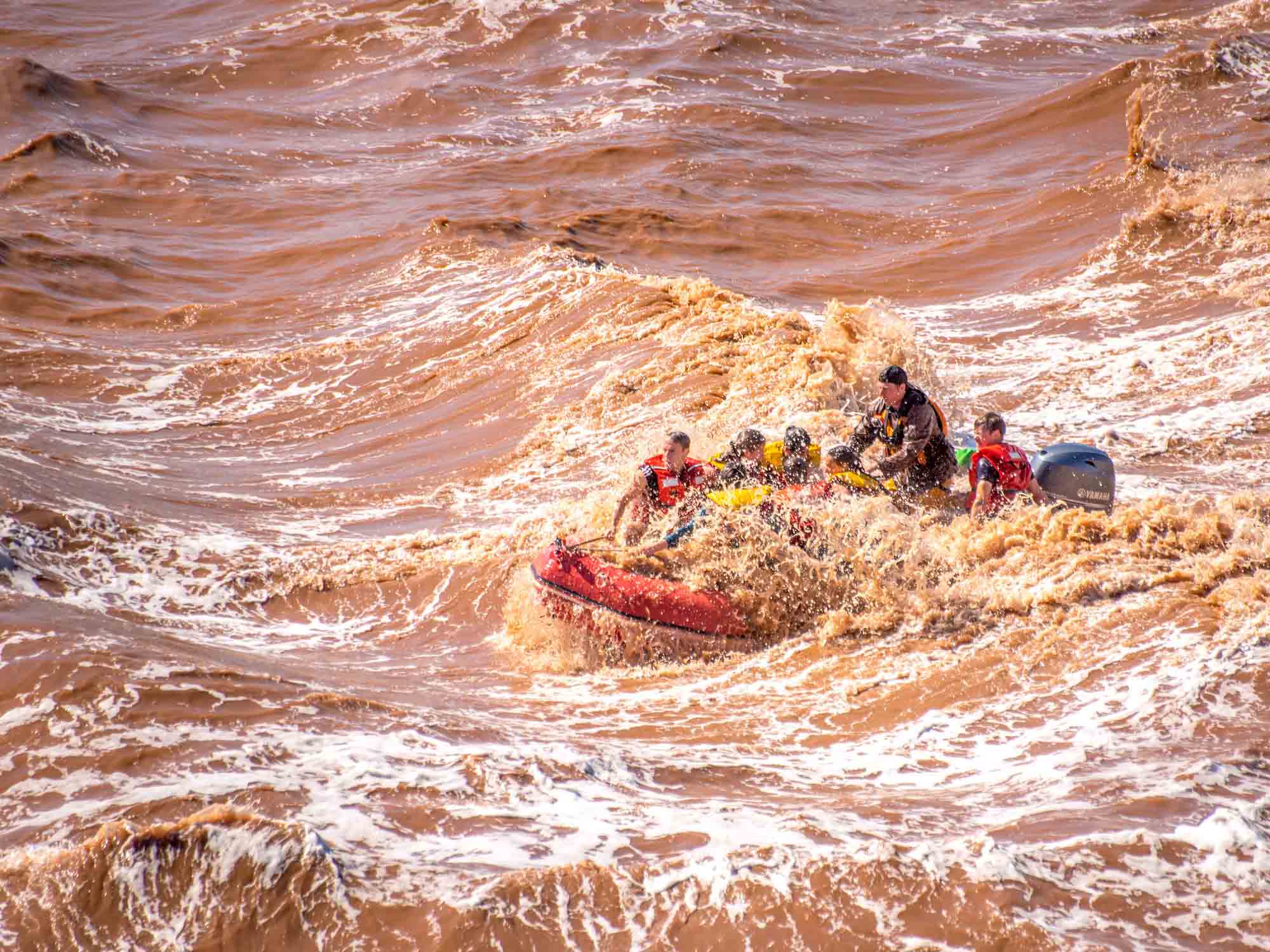 A tidal bore rafting tour in the middle of the standing waves, giving a rollercoaster feel to this exciting rafting adventure in Nova Scotia.