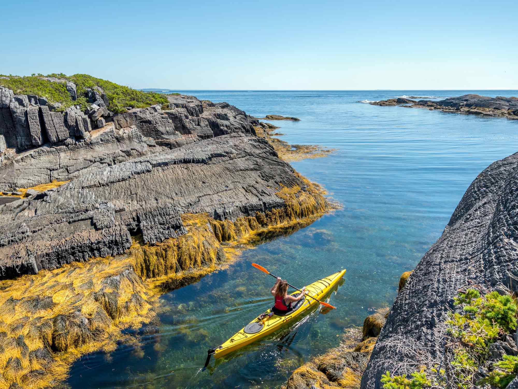 A person kayaking through a narrow passageway between large boulders with bright yellow seaweed growing on them near the fishing wharf at Blue Rocks near Lunenburg, Nova Scotia.