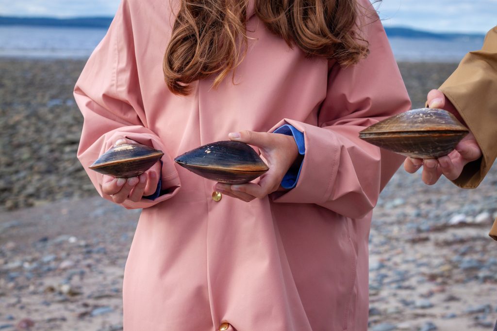 A girl in a pink jacket holds up two clams she dug during the Festival de Coques (Clam Festival) in Clare, Nova Scotia