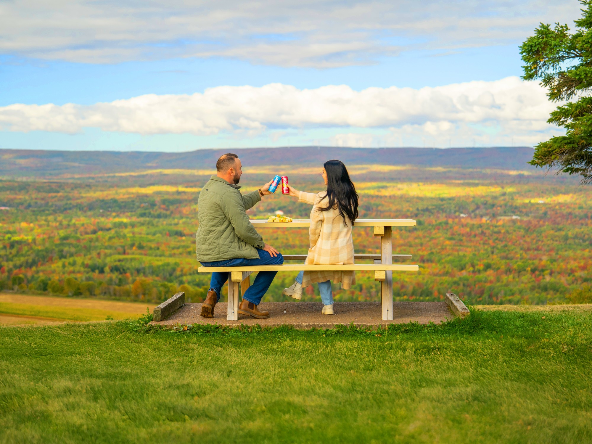 Two people sit on a picnic table clinking their cans together doing cheers at Green Hill Provincial Park in Nova Scotia