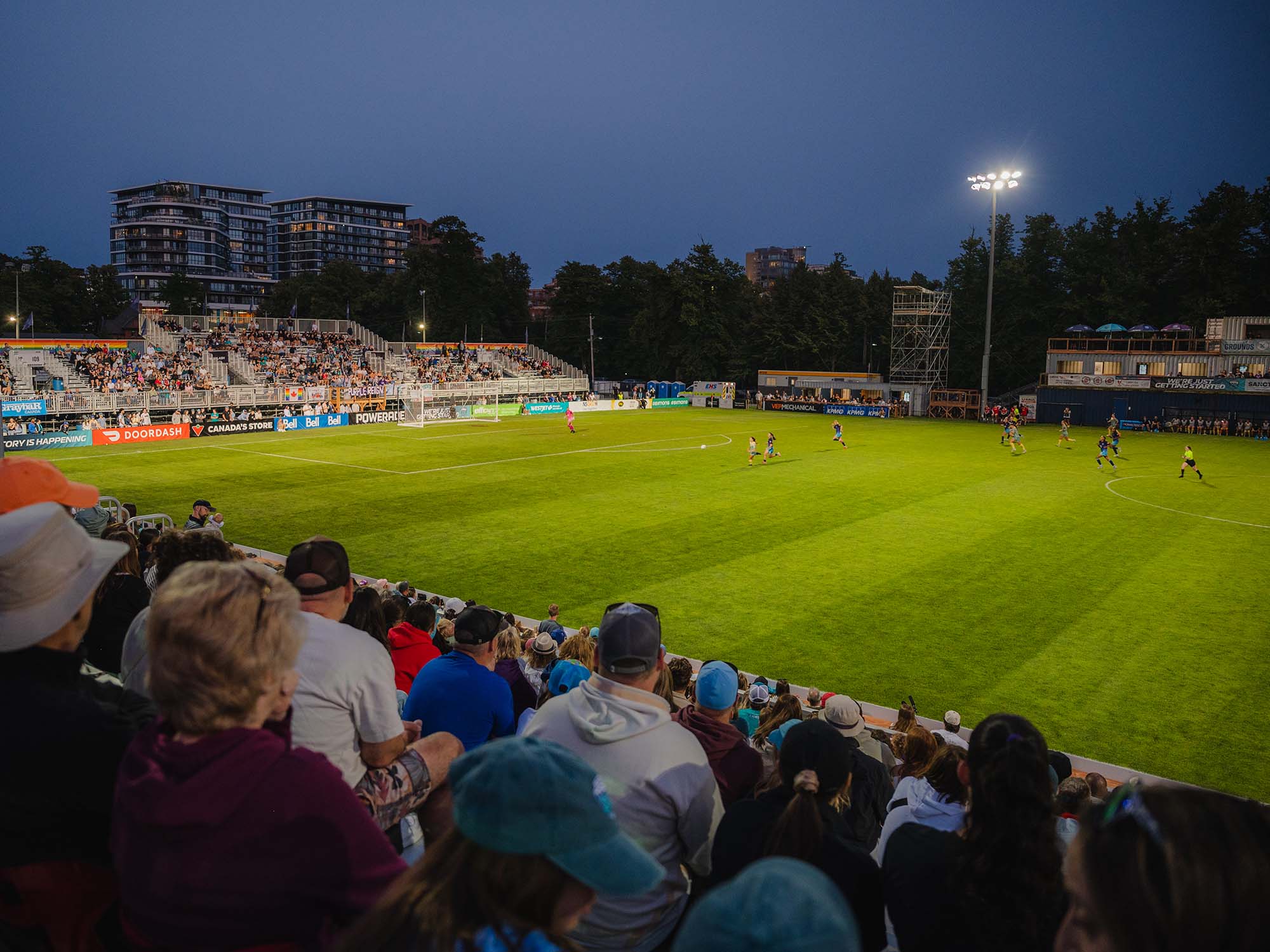 A view from the grandstands during an evening soccer match with the Halifax Tides FC professional women's soccer league at the Wanderers Grounds in downtown Halifax, Nova Scotia.
