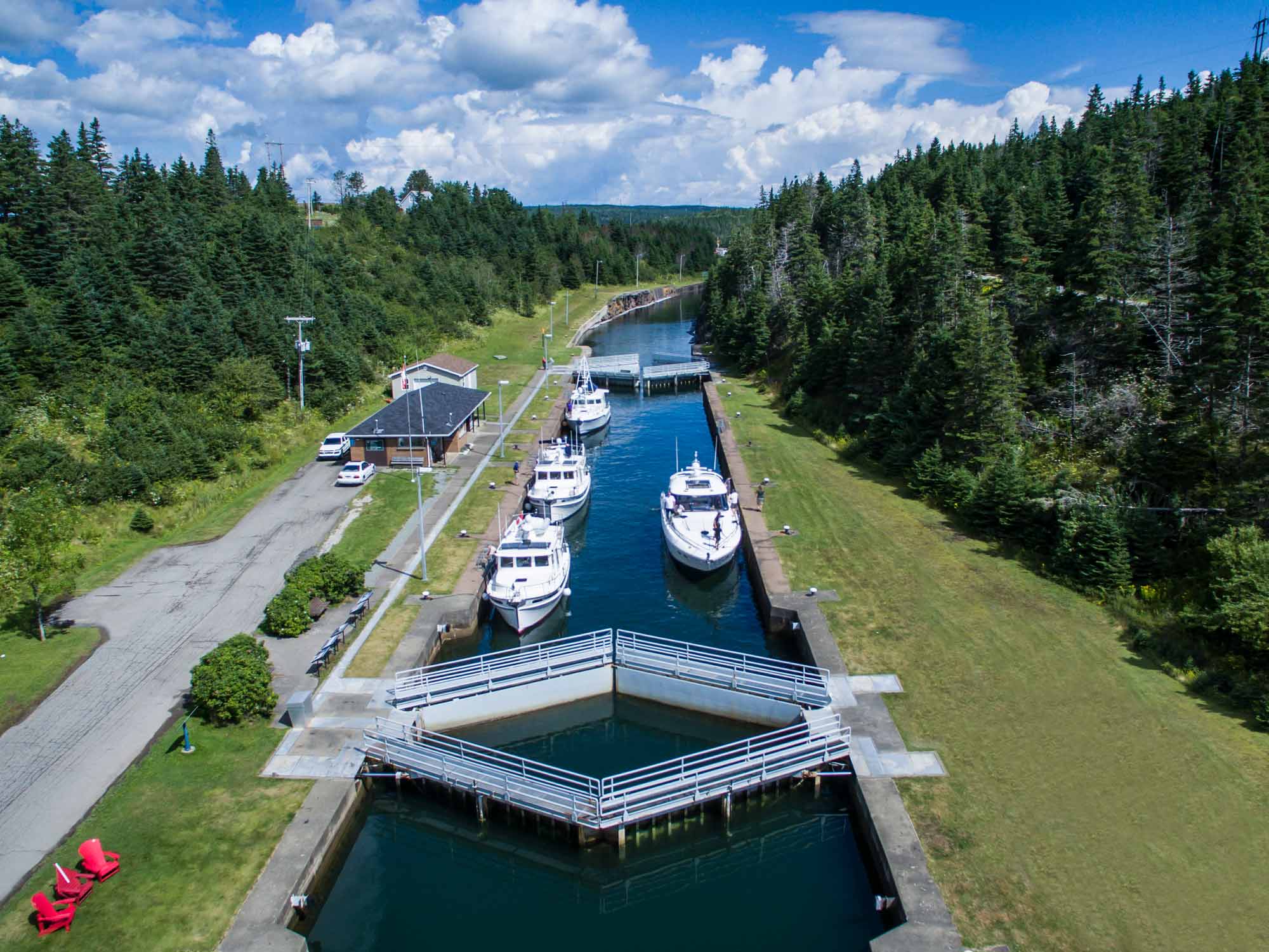 An aerial view of the shipping locks in the St. Peter's Canal National Historic Site that connects the Atlantic Ocean with the Bras d'Or Lake, Cape Breton Island's inland sea, in Nova Scotia.