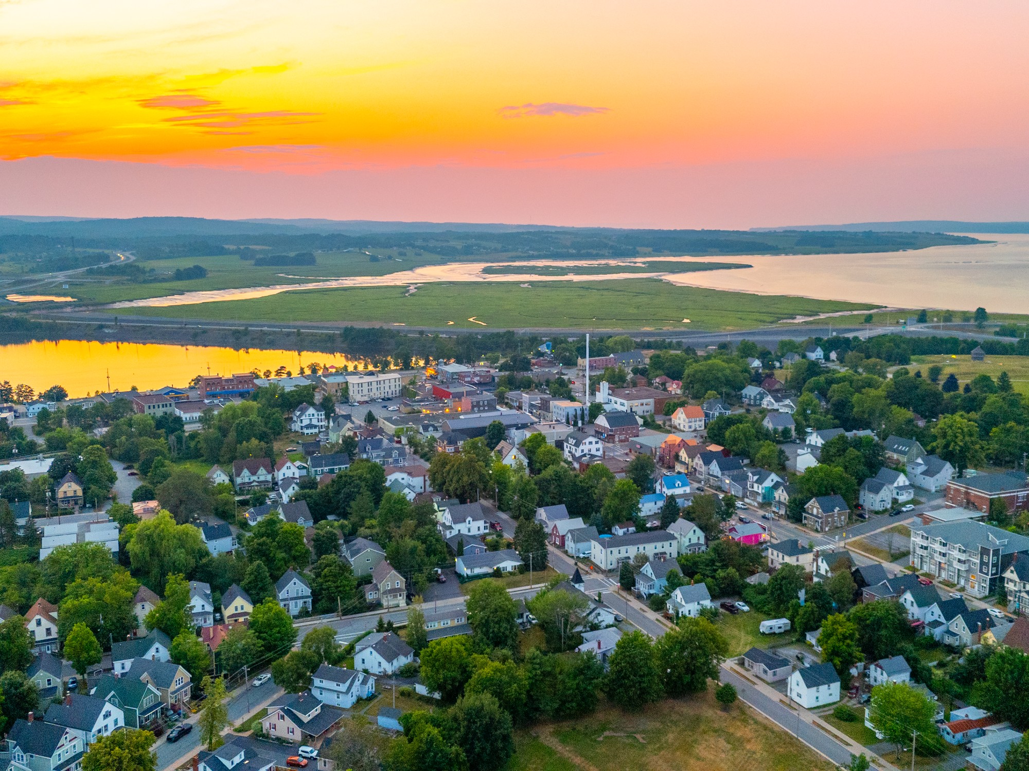 Aerial view of Windsor, Nova Scotia at sunset.