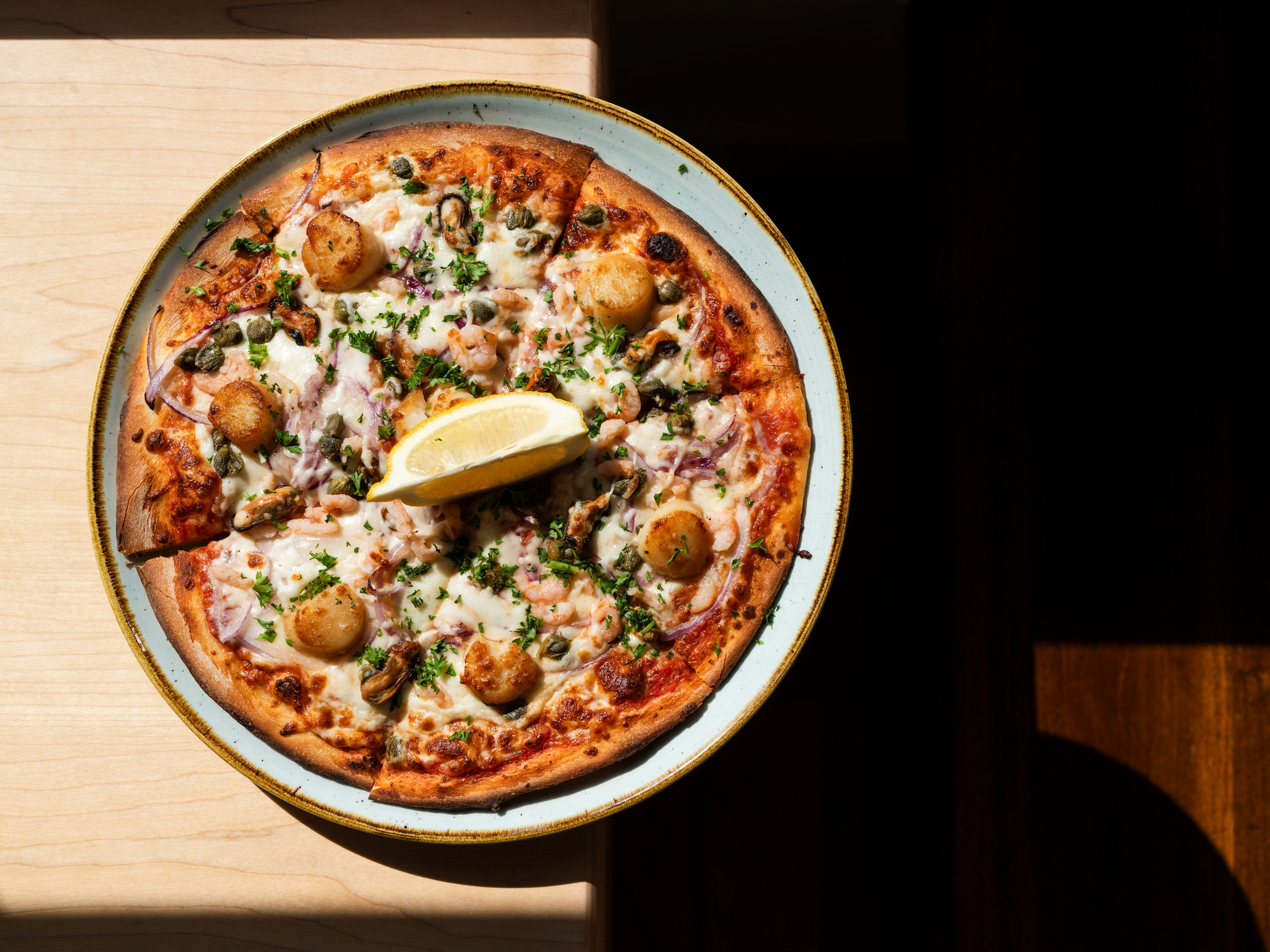 Seafood pizza at Salt Shaker Deli
