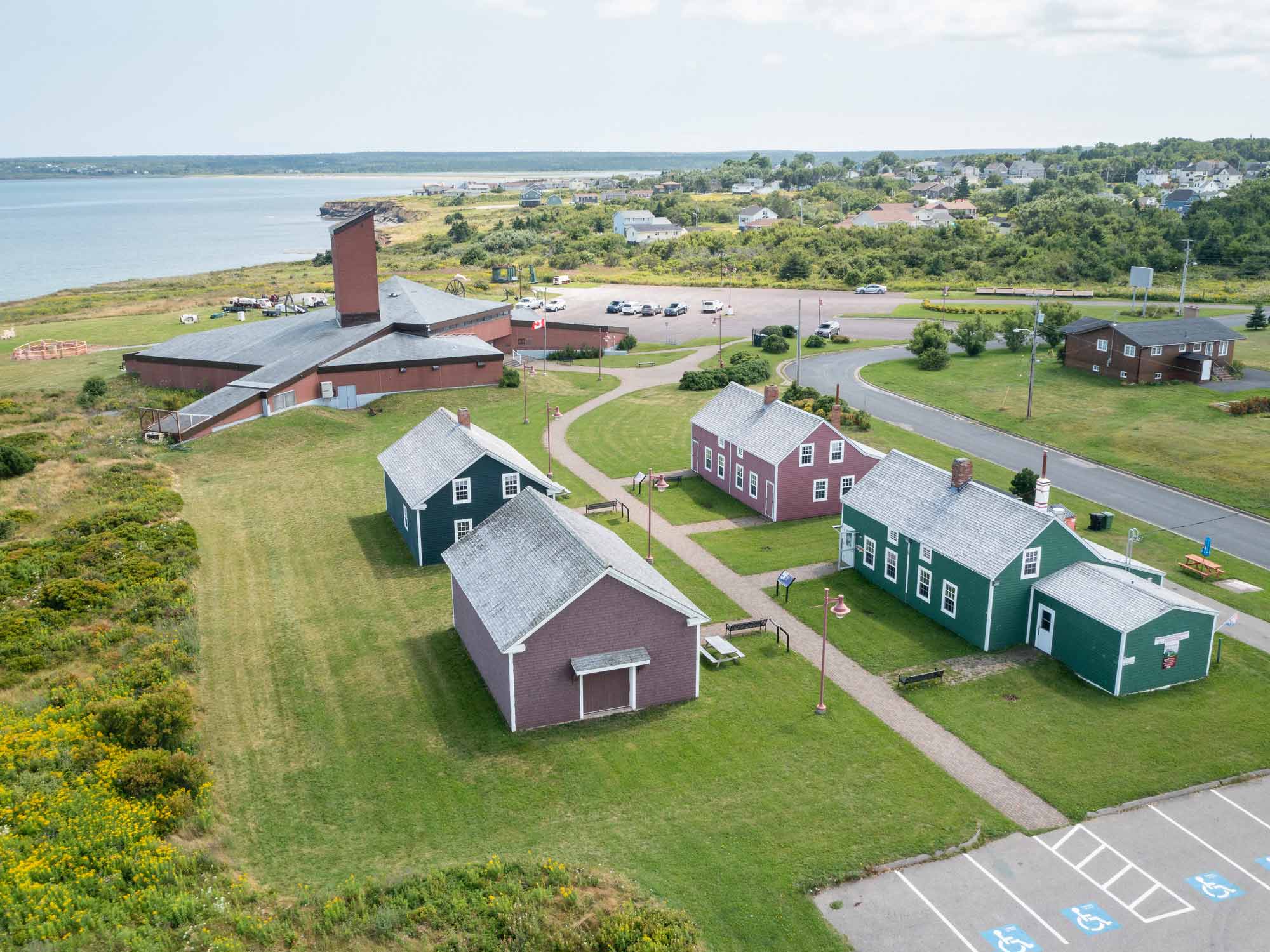 Aerial view over the site and museum of the Glace Bay Miners' Museum in Glace Bay, Cape Breton Island, Nova Scotia