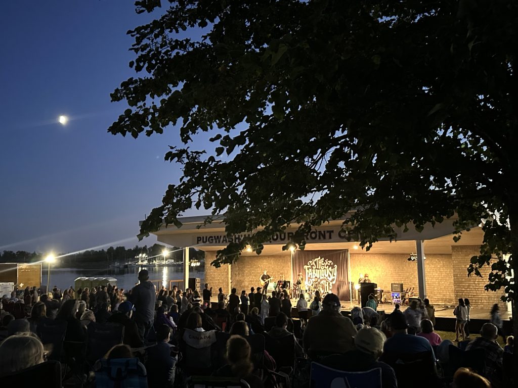 A large group of people outside at a festival listen to music in a bandstand at night.