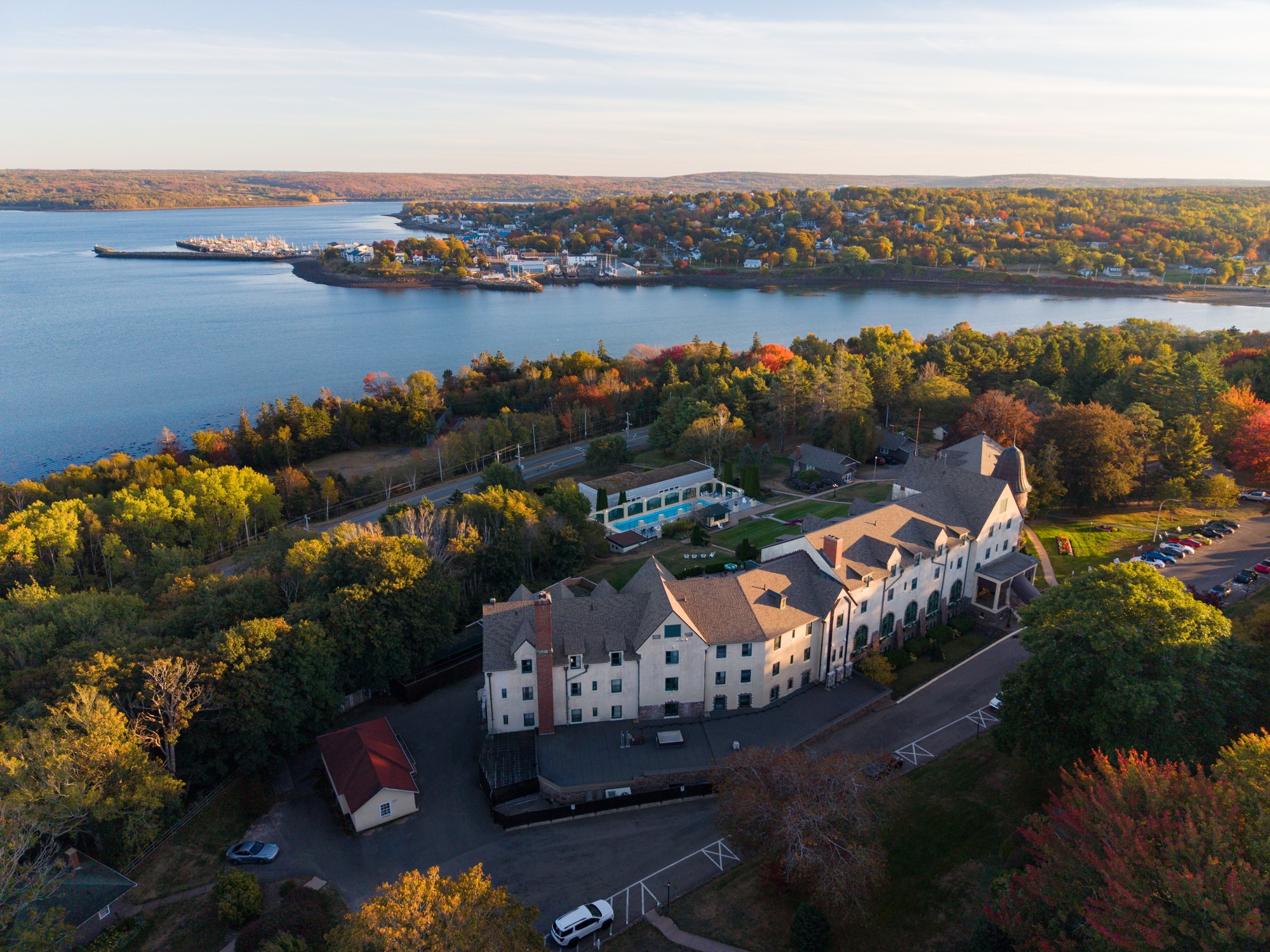 An aerial view of the Digby Pines Resort during fall in Digby, Nova Scotia