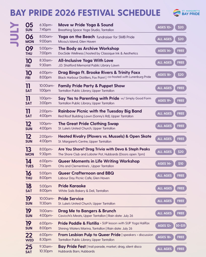 A schedule of events for the Bay Pride Festival in Nova Scotia