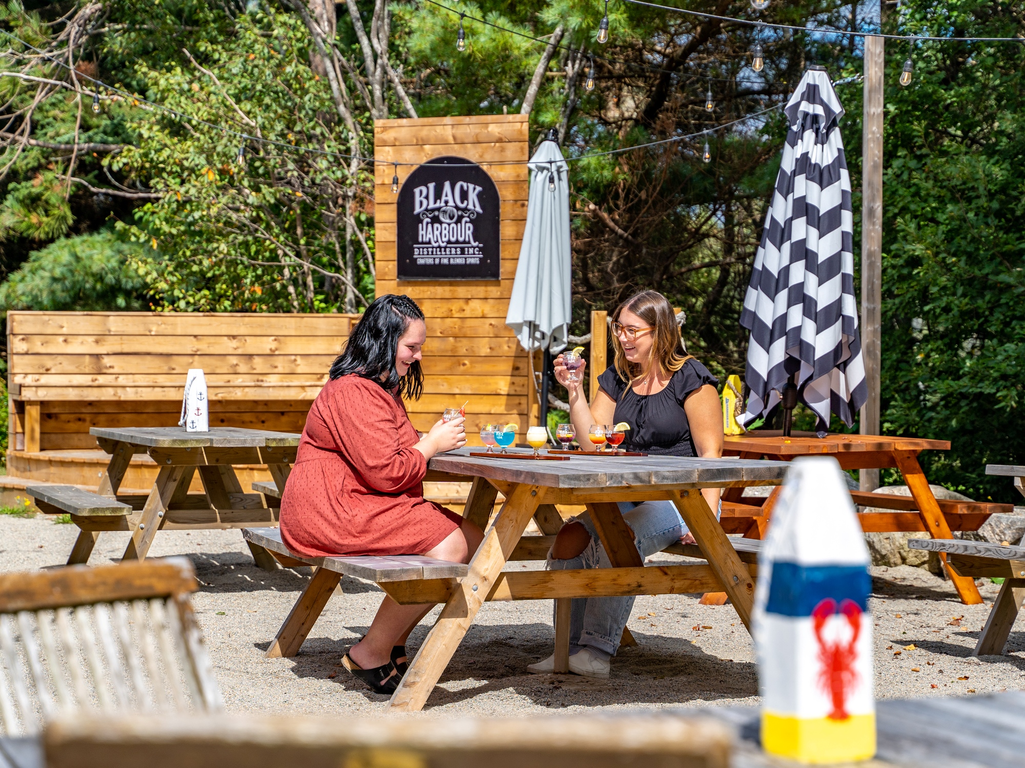People sitting at a picnic table in the sun