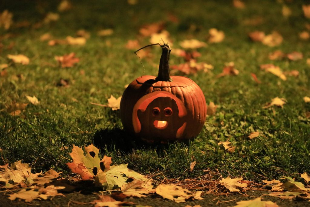 A carved pumpkin as part of the Celtic Colours / Huckle Buckle Festival Pumpkin Carving in Nova Scotia