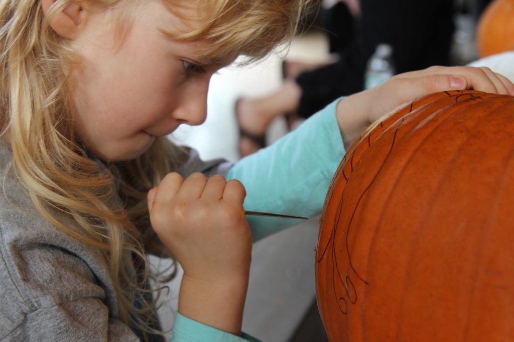 A child carves a pumpkin during the Celtic Colours / Huckle Buckle Festival Pumpkin Carving in Nova Scotia