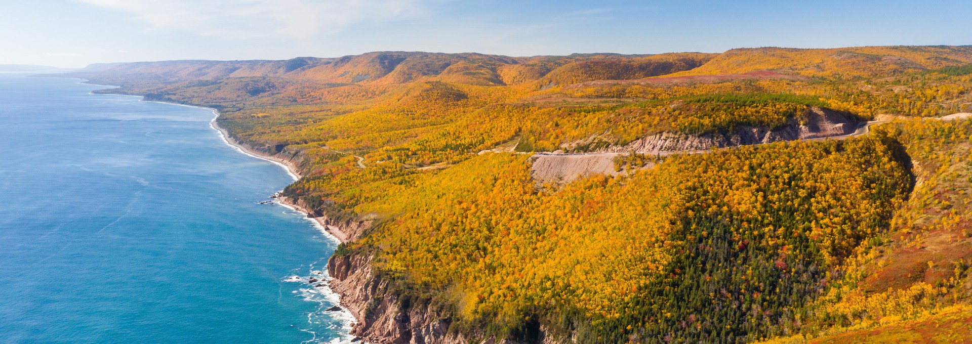 Aerial view of the Cabot Trail during the fall in Nova Scotia