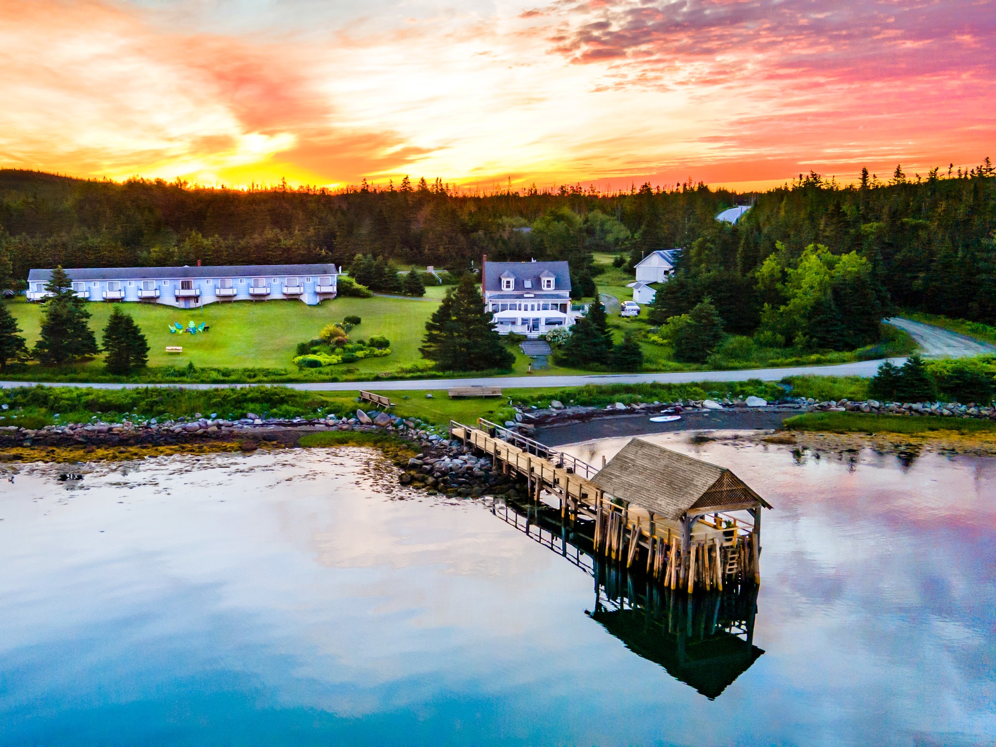 Aerial view of The Marmalade Motel at sunset in Nova Scotia