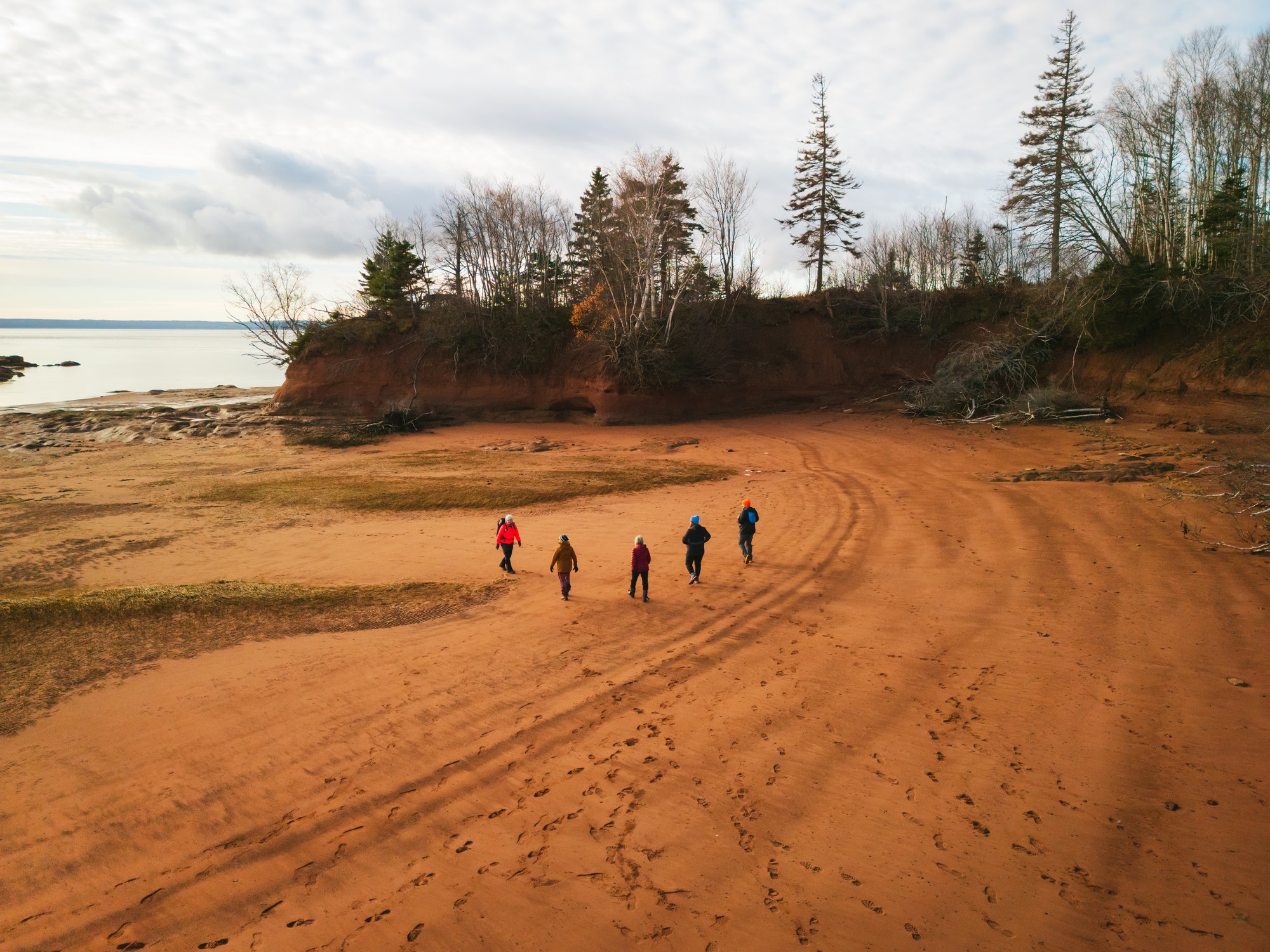 A group participates in a guided hike on the ocean floor of the Bay of Fundy in Nova Scotia