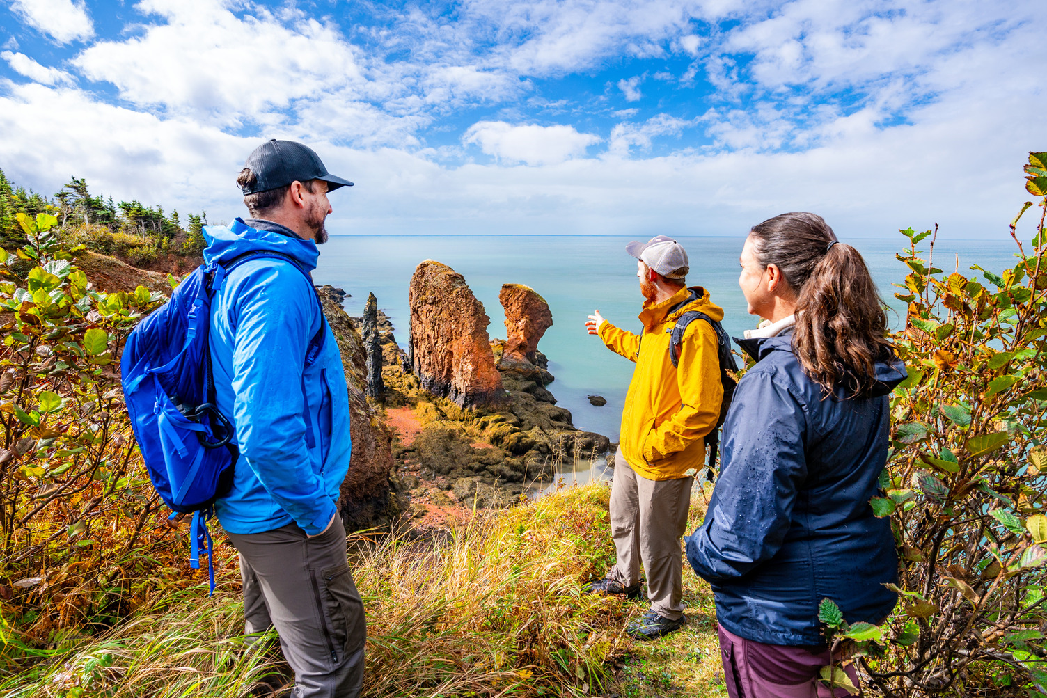 A group of people on a hiking tour with NovaShores Adventures in Parrsboro, Nova Scotia