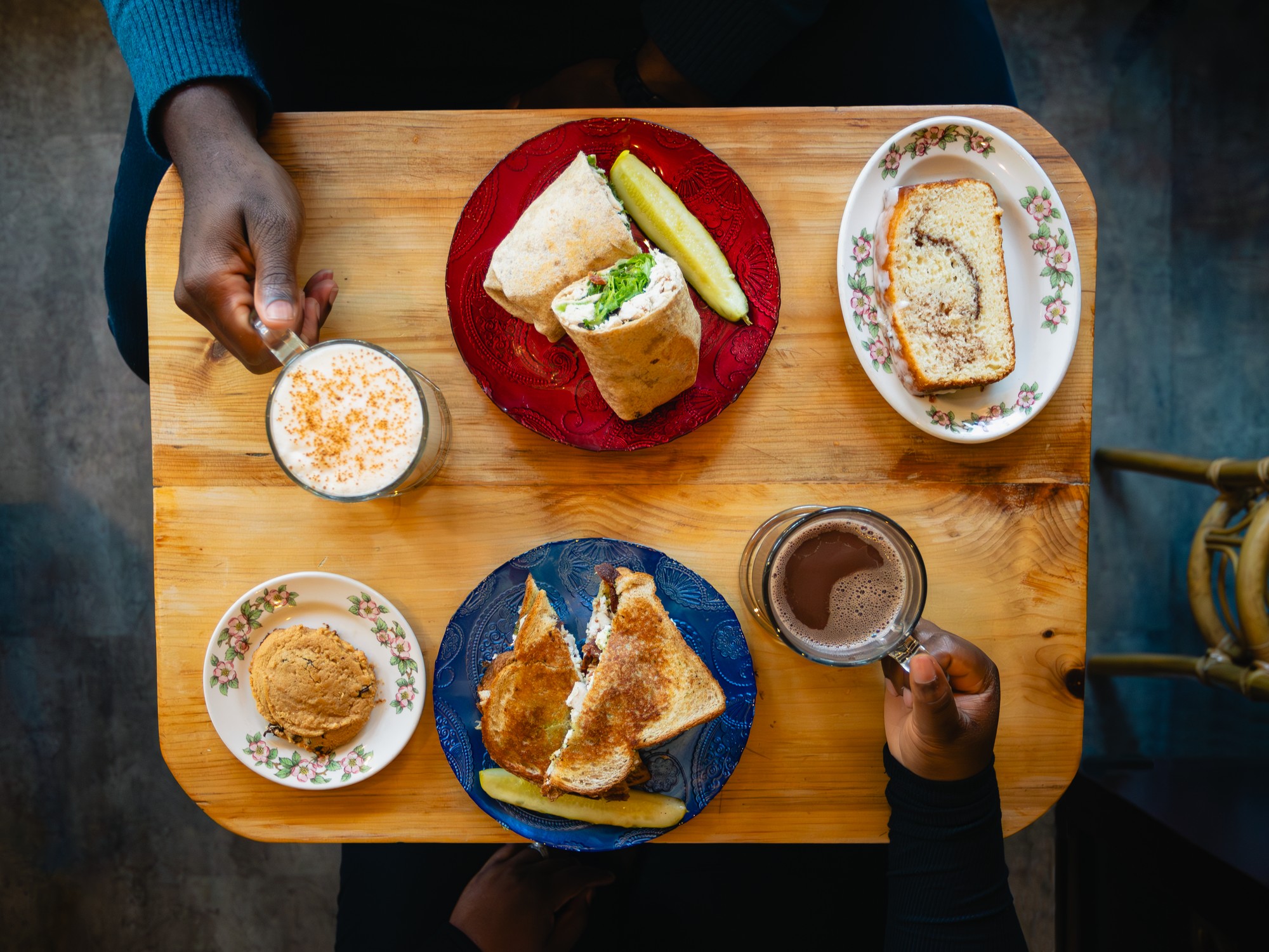 An overhead view of a table at Art of Eating Deli in Amherst, Nova Scotia