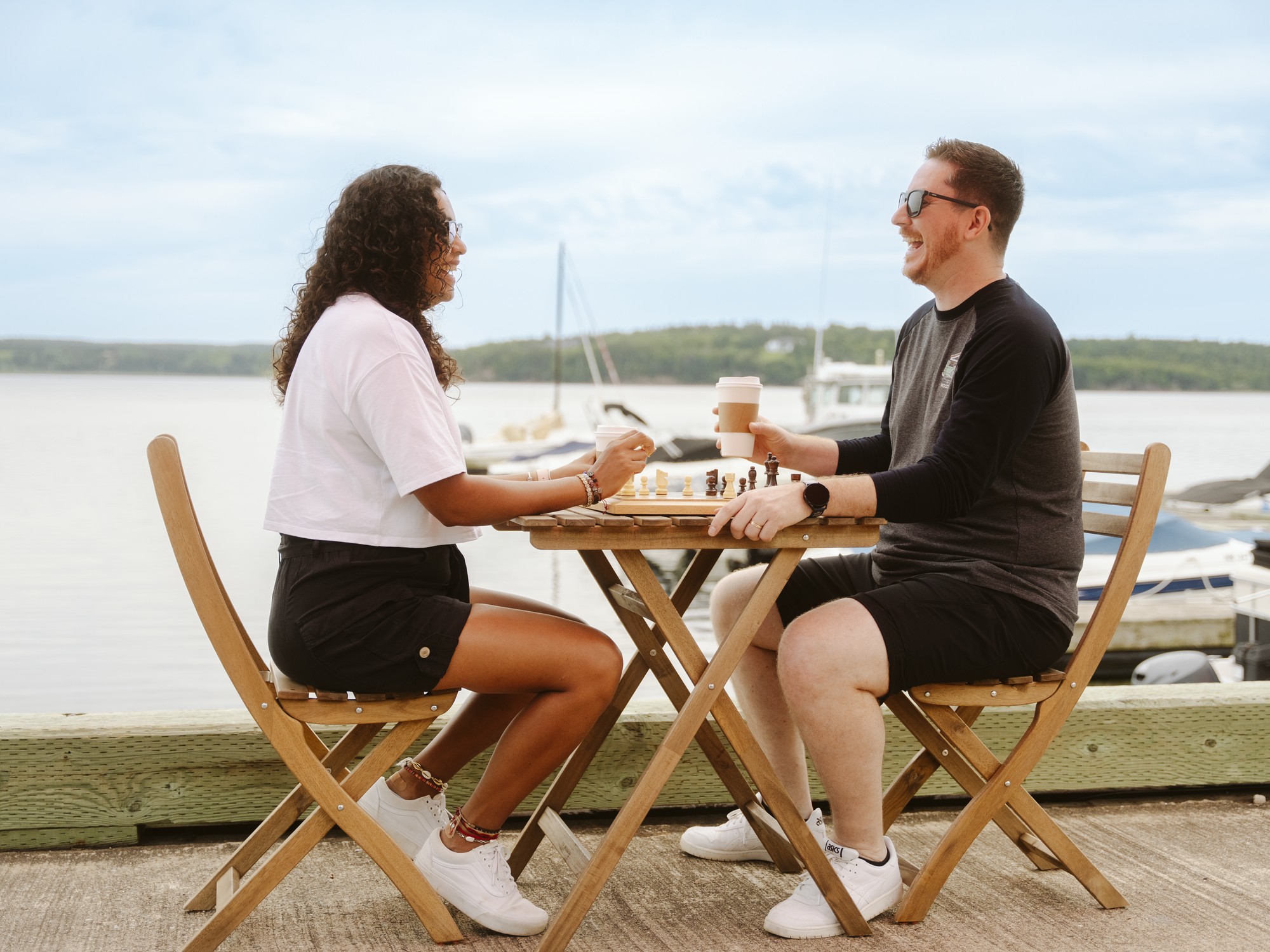 Two people have coffee at the Cast Away Cafe in Guysborough, Nova Scotia